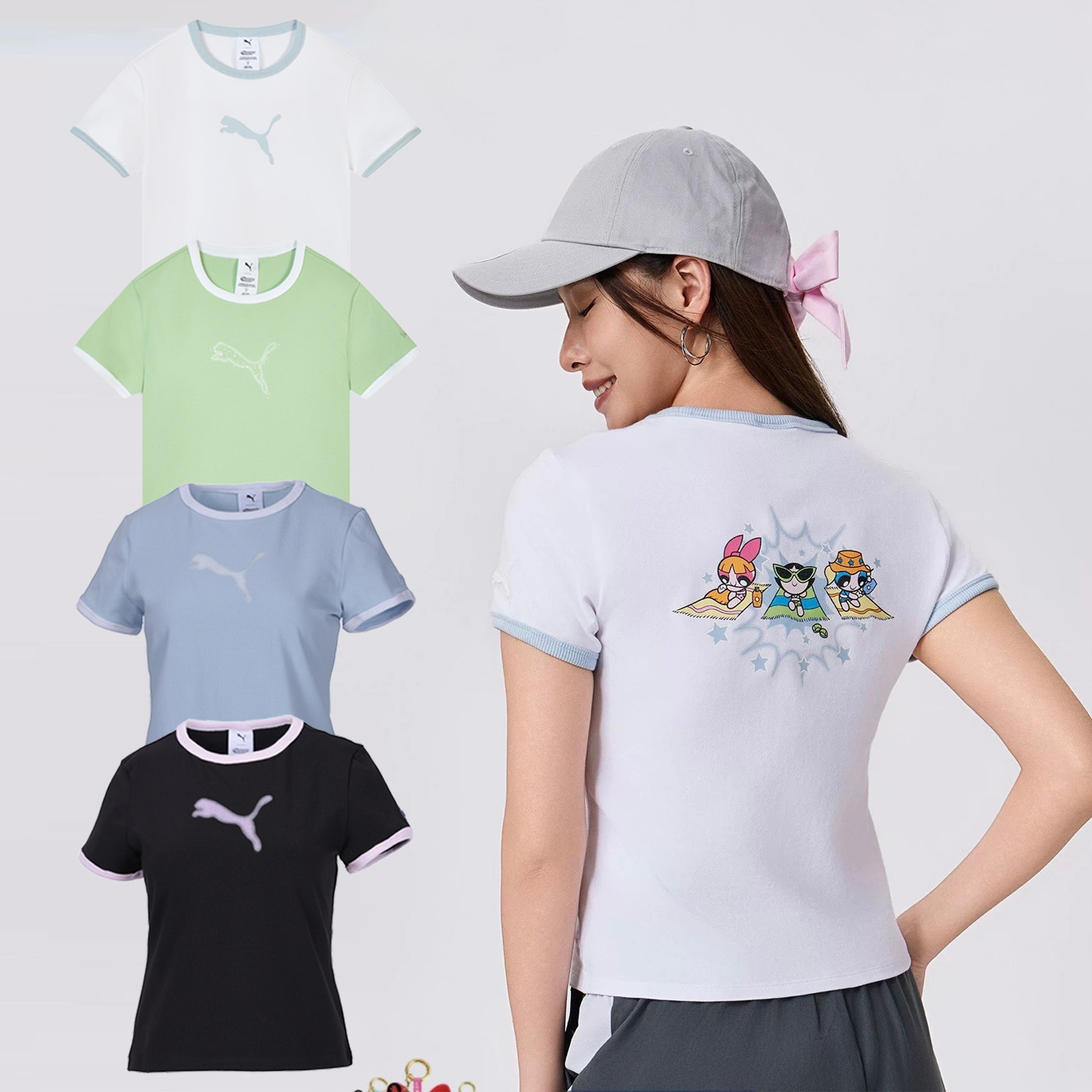 女款 PUMA X THE POWERPUFF GIRLS 飛天小女警 綠 白 黑 藍 泡泡 毛毛 花花 聯名 撞色 滾邊 短袖 短TEE【63747/63786】