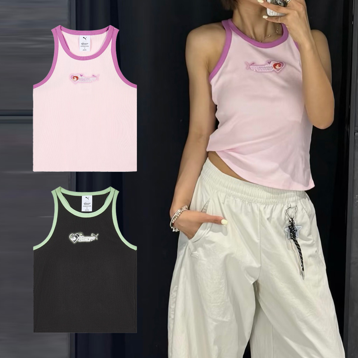 女款 PUMA X THE POWERPUFF GIRLS PPG SLIM TOP 飛天小女警 粉 黑 毛毛 花花 聯名 愛心 印花 滾邊 背心【637467】