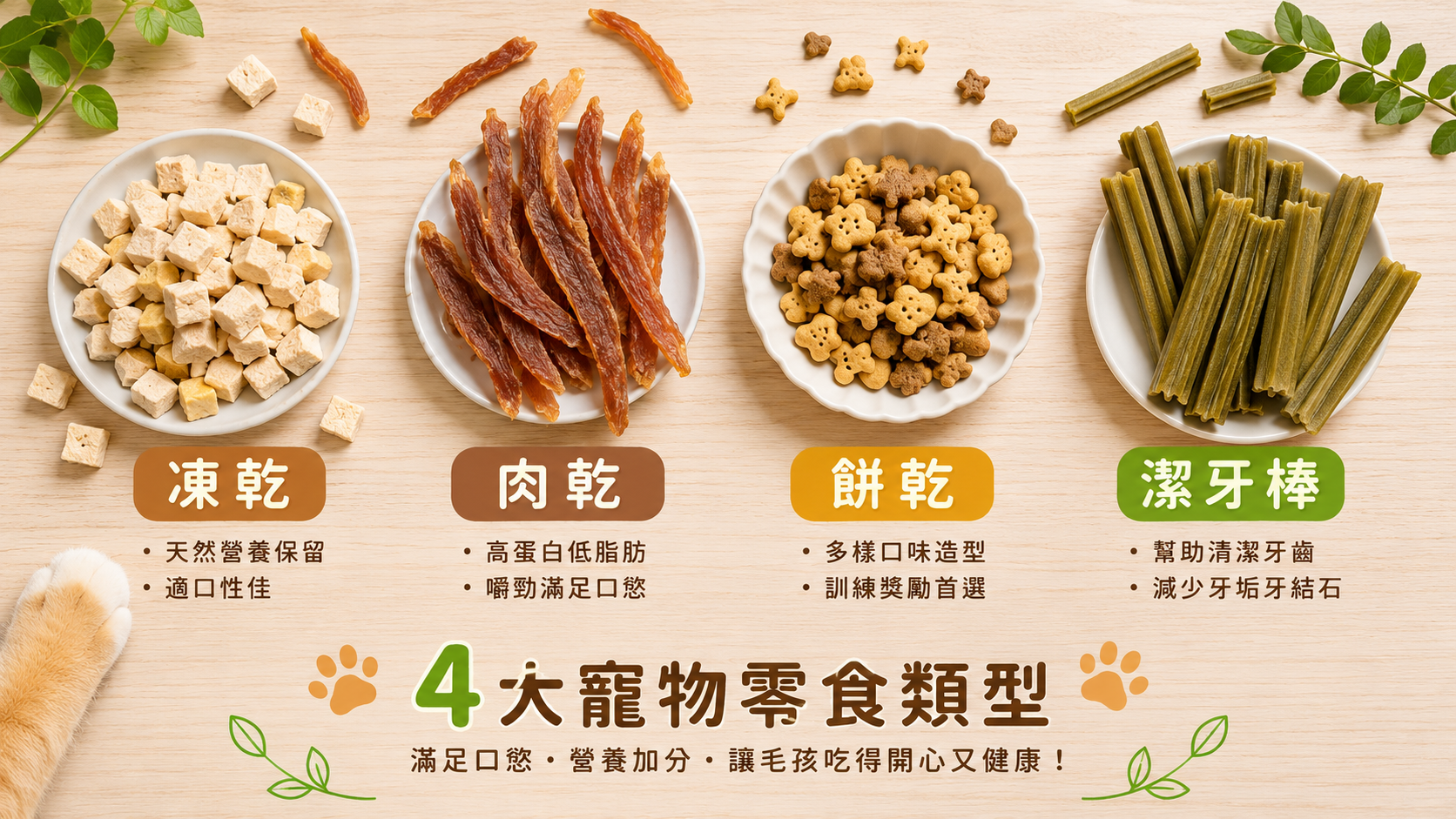 凍乾肉乾餅乾潔牙棒四種寵物零食類型排列展示