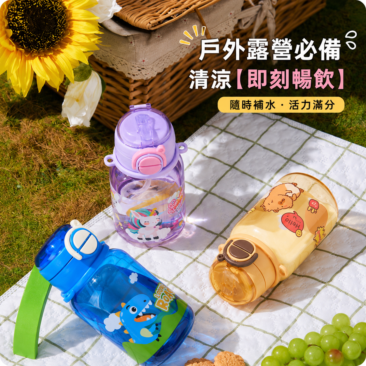 卡通背帶雙飲水壺600ML｜兒童水壺 吸管水壺 直飲水壺 防漏水壺 背帶水壺 外出水壺【輕鬆購五金百貨】