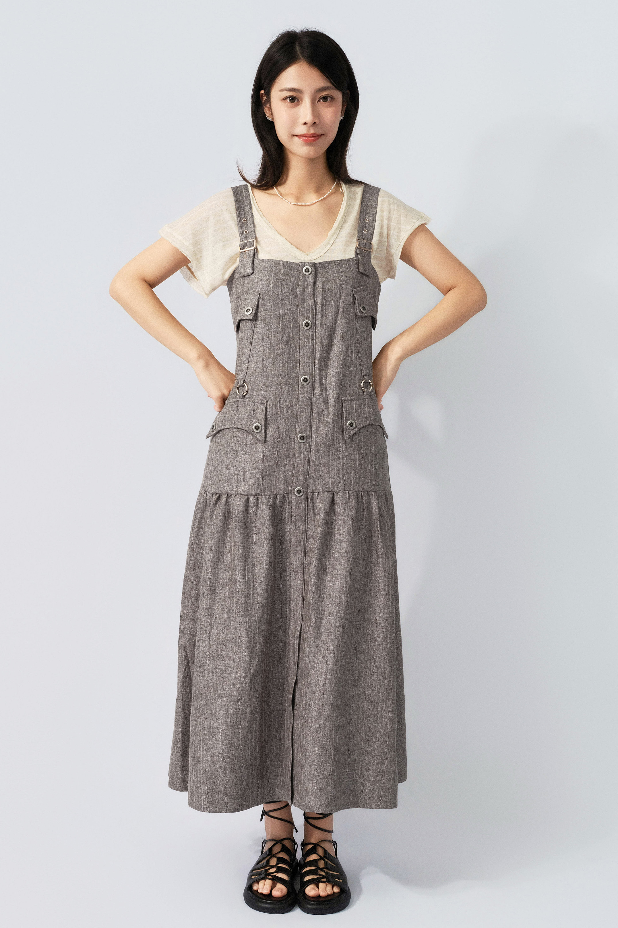 暗條紋西裝四袋吊帶裙 (預購產品）