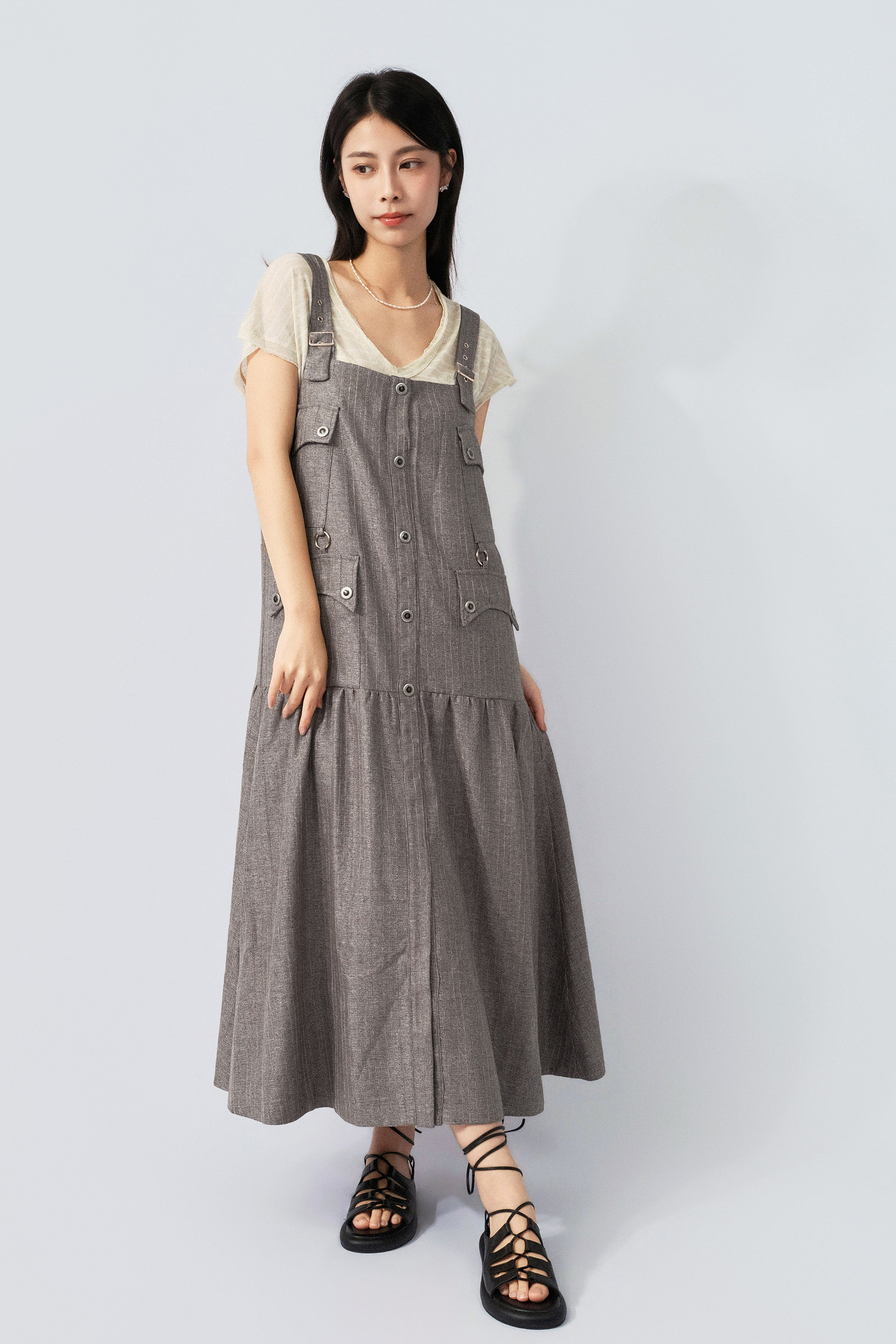 暗條紋西裝四袋吊帶裙 (預購產品）