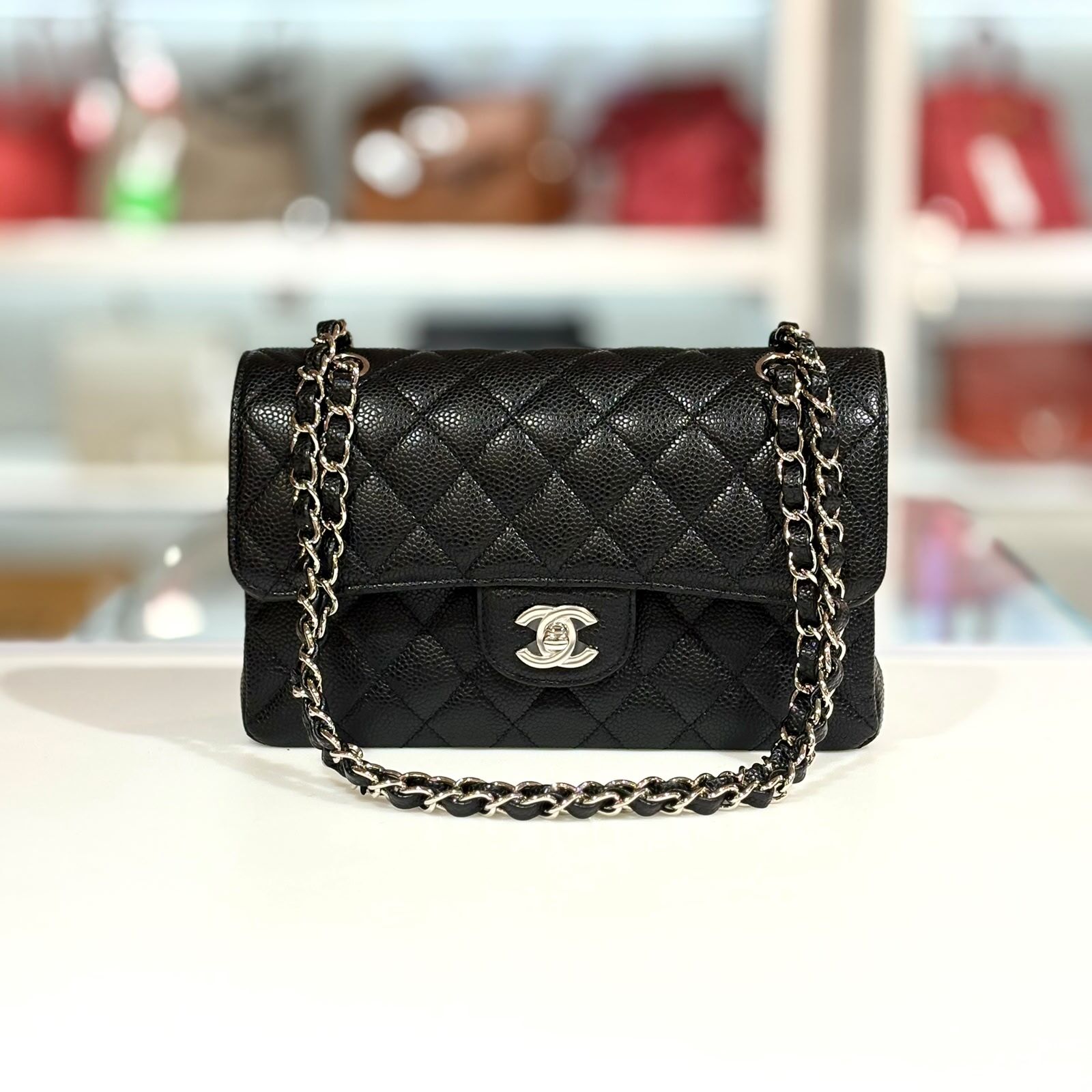 99%NEW二手CHANEL CF23 黑色荔枝皮銀扣 CLASSIC FLAP BAG #香榭站正品