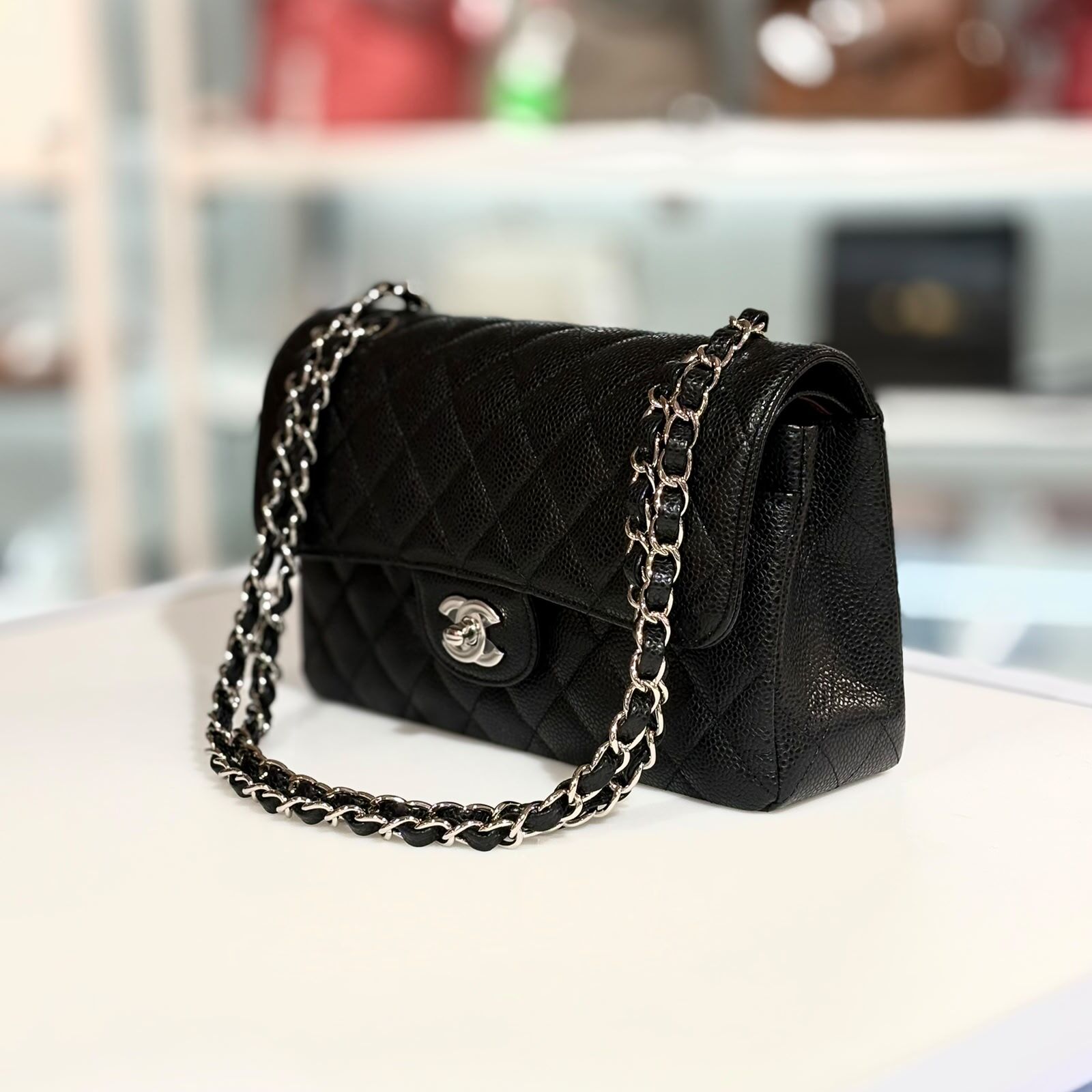 99%NEW二手CHANEL CF23 黑色荔枝皮銀扣 CLASSIC FLAP BAG #香榭站正品