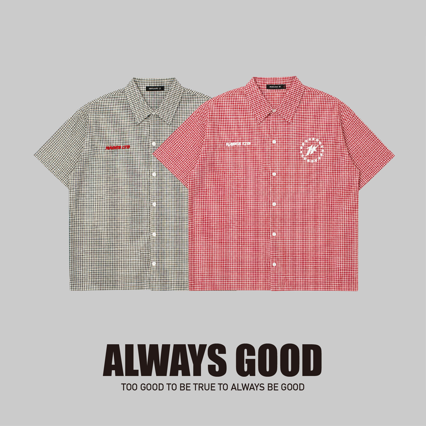 『Always_Good』刺繡 細格紋 短袖 襯衫