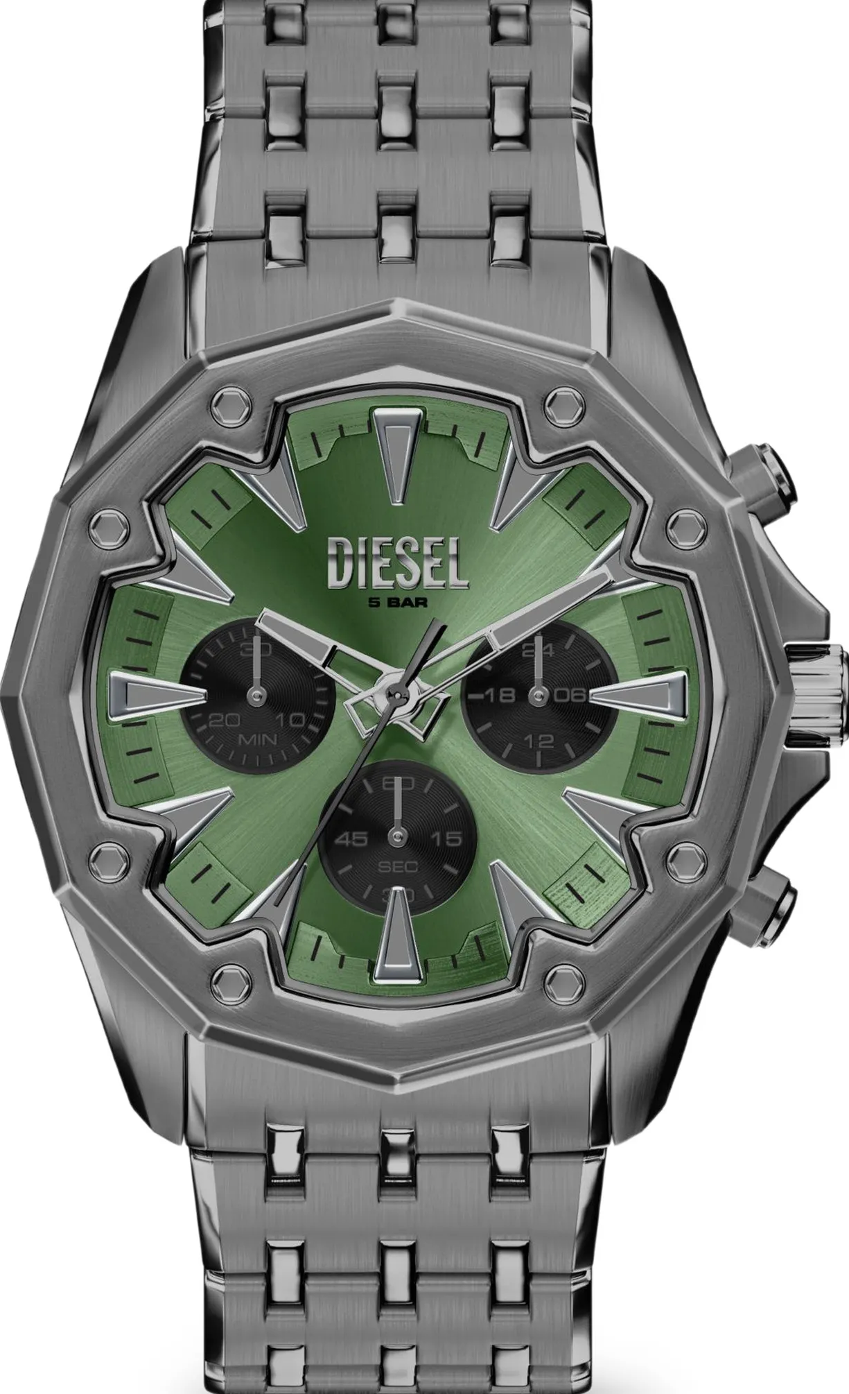 萬年鐘錶 - Diesel  D-Curve  綠色太陽紋錶盤三眼計時男錶 DZ4711 錶徑46MM