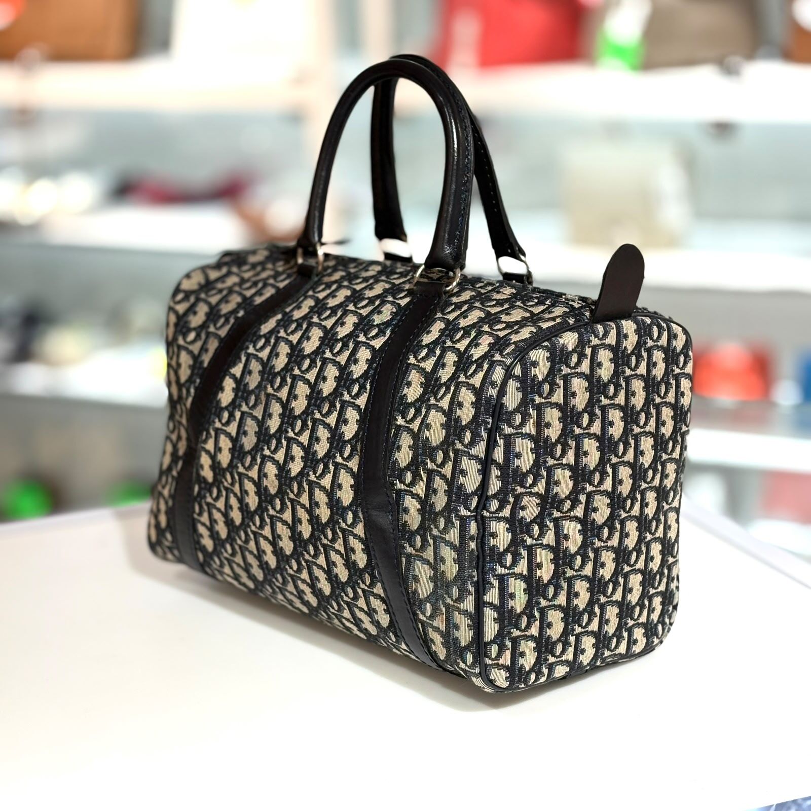 90%NEW二手中古包,Dior VINTAGE Monogram Bowling 30, 藍色緹花帆布,保齡球包,迪奧枕頭包 #香榭站正品