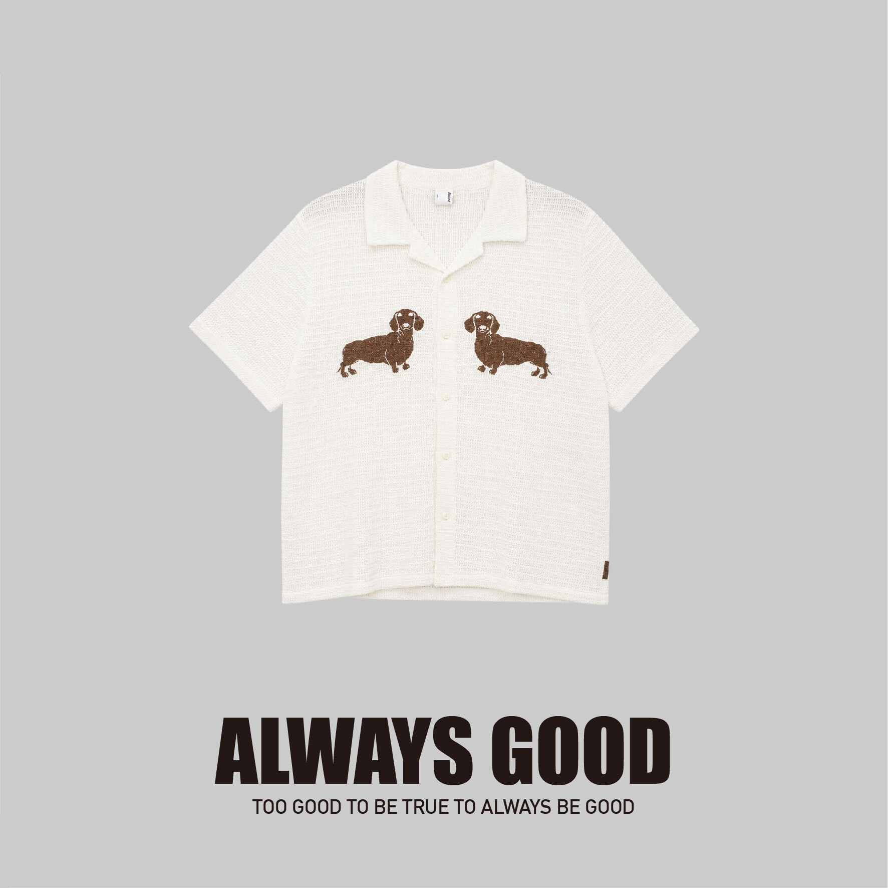 『Always_Good』刺繡 臘腸狗 針織 古巴領 短袖襯衫