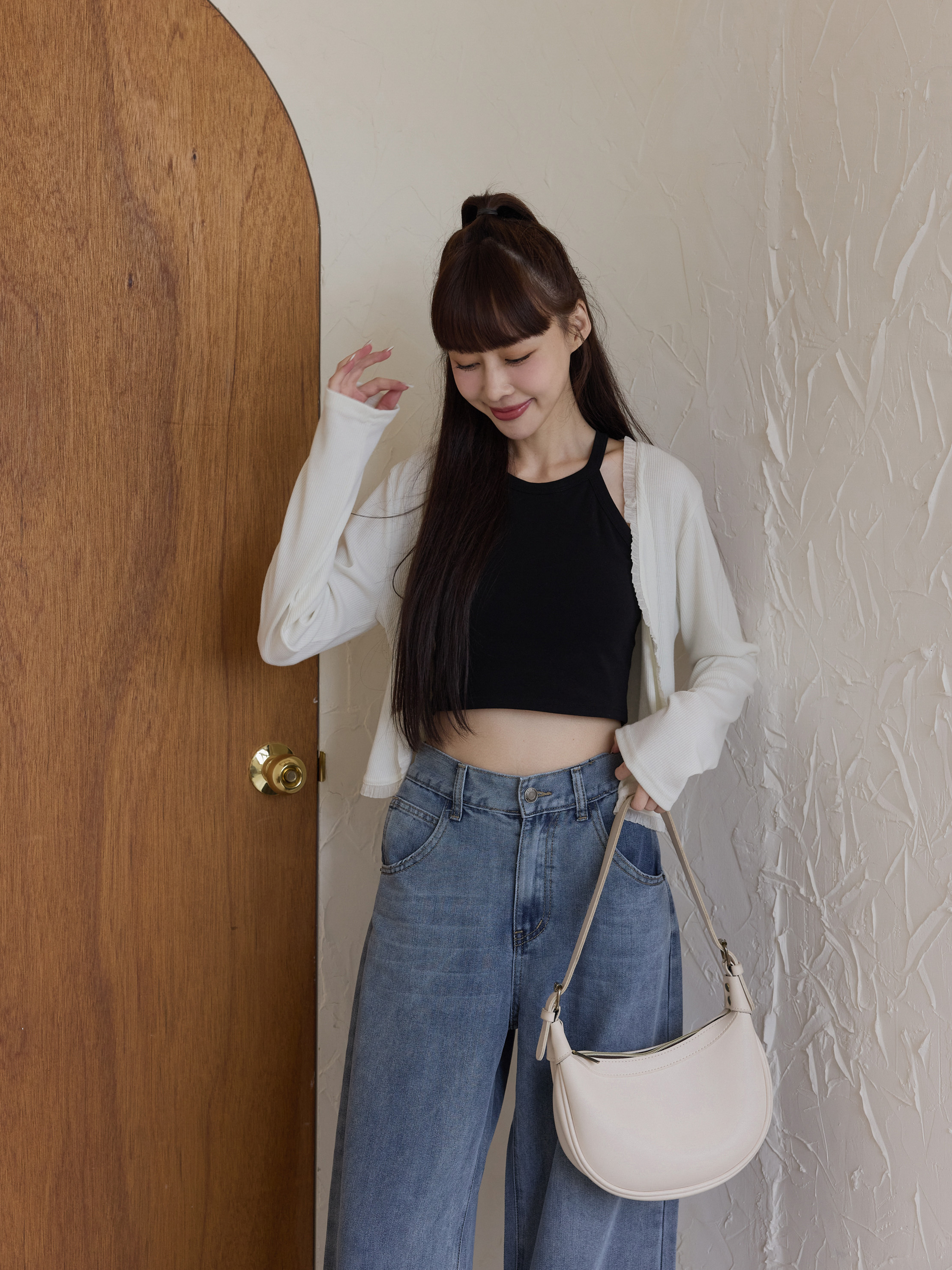 Ruffle Trim Slimming Ribbed Cardigan