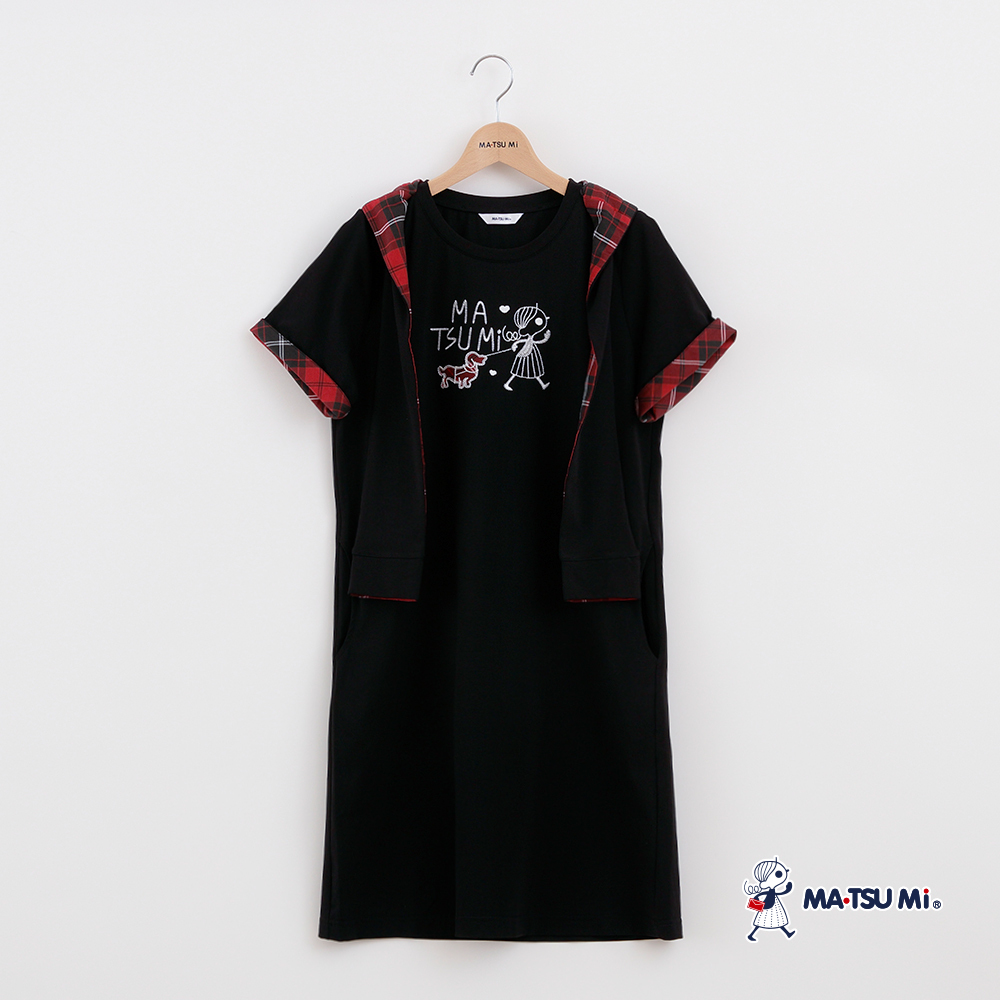 MA‧TSU Mi 假兩件式休閒連帽拚接格瑪娃刺繡連身裙(深藍.黑)