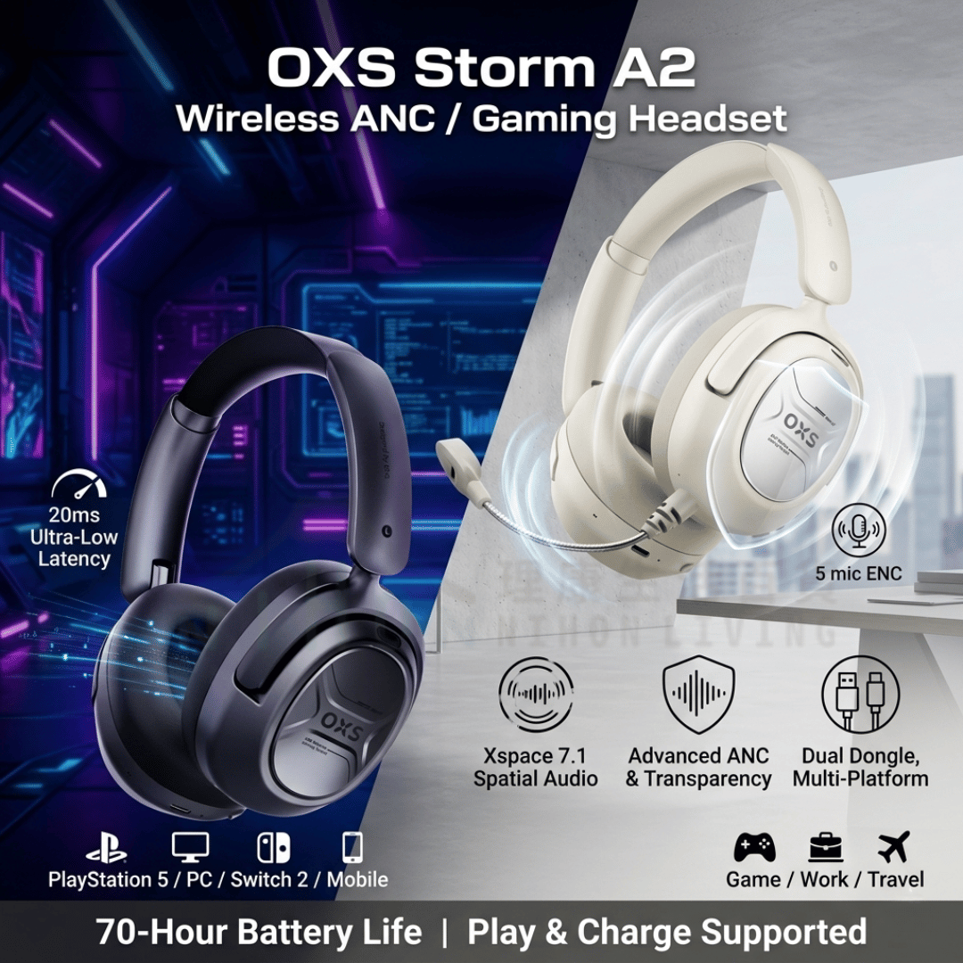 OXS - Storm A2 無線 ANC 電競耳機 (黑色/白色 )│低延遲│空間音頻│遊戲│工作│旅遊│靈活連接