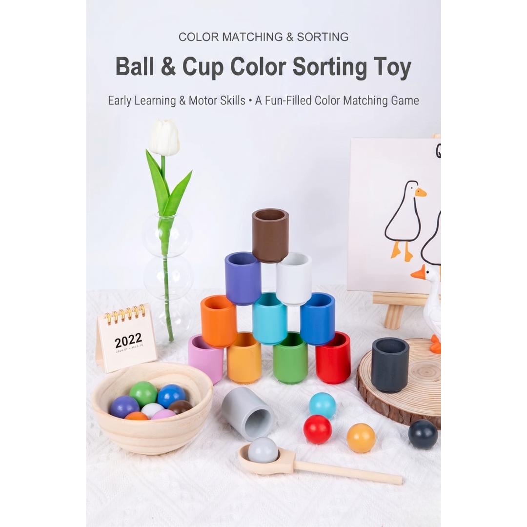 宣傳海報上方印有Ball & Cup Color Sorting Toy，展示一款顏色分類玩具。白布上有一個盛滿彩色木球的木碗、一把放著灰色球的木匙，以及多個彩色木杯堆疊成金字塔形。背景擺放了二零二二年小年曆與鬱金香花瓶。這款木製益智玩具能透過顏色配對遊戲，有效訓練精細動作。