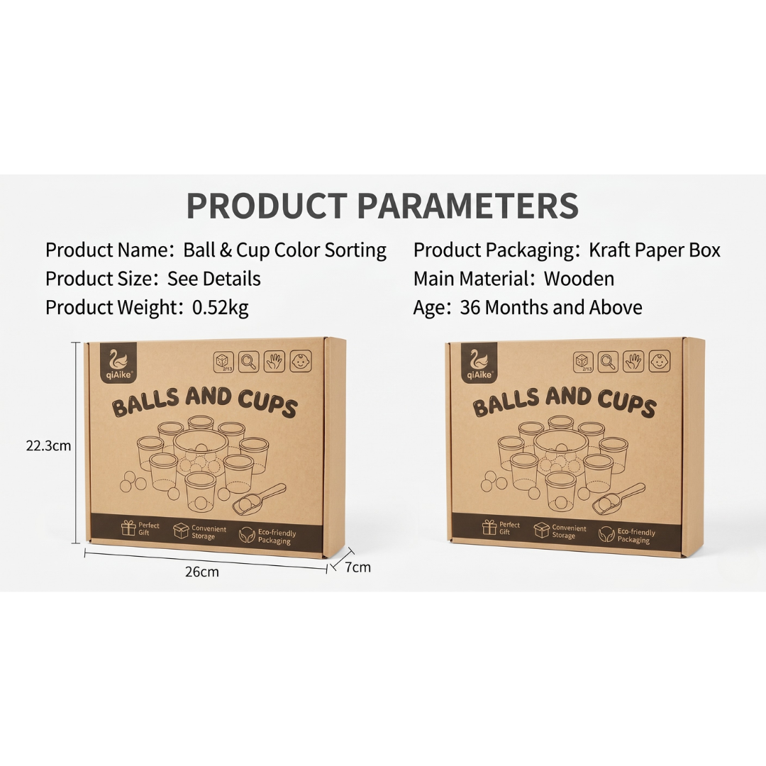 展示了qiAike品牌木製益智玩具的包裝參數。上方寫明品名為Ball & Cup Color Sorting、重量0.52kg、適用年齡36個月以上。下方為兩個印有玩具線條圖的環保牛皮紙盒，並標示紙盒尺寸為26乘22.3乘7厘米。這款顏色分類玩具適合作為幼兒早教教具。