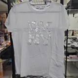 [S] DKNY WHITE/SILVER CLEAR STACKED SEQUIN LOGO TEE, DJ6T1798-FPX (SD2032)