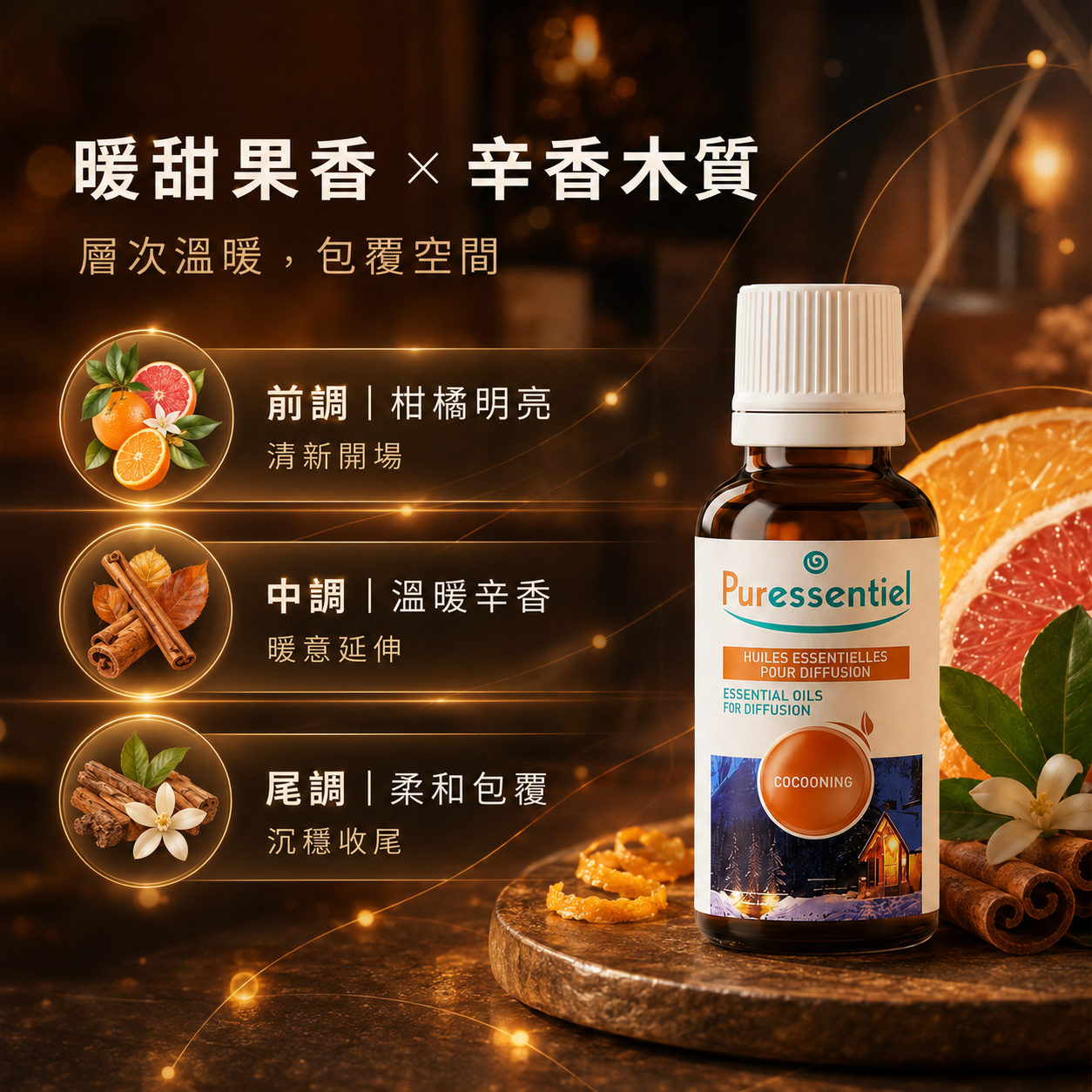 璞萃 E5 複方精油香氣前中後調結構:融合甜橙、苦橙與肉桂木質香調