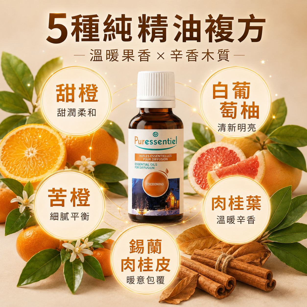 蘊含甜橙、白葡萄柚與肉桂等 5 種天然草本成分的璞萃複方擴香精油