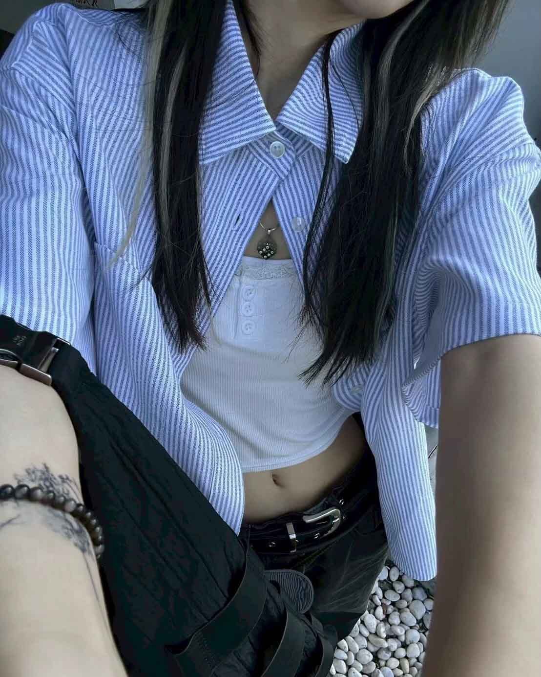 #98993 韓國直條紋短襯衫