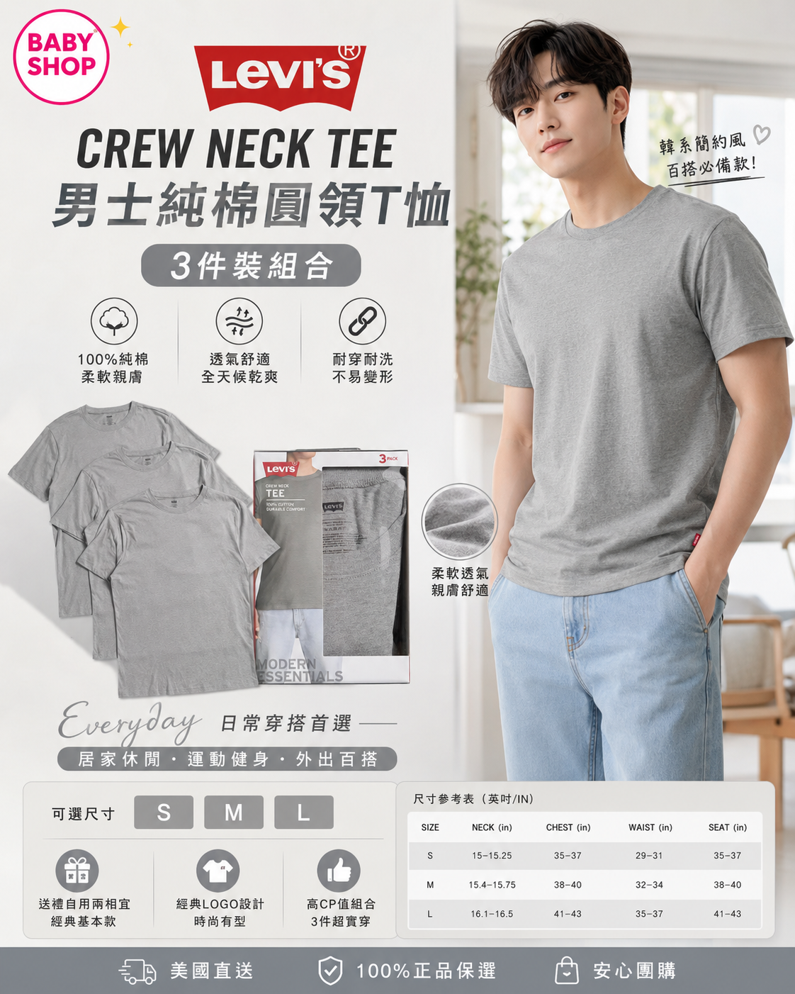 【預購】LEVIS H060511 男裝純色圓領短袖 上衣（3件入）