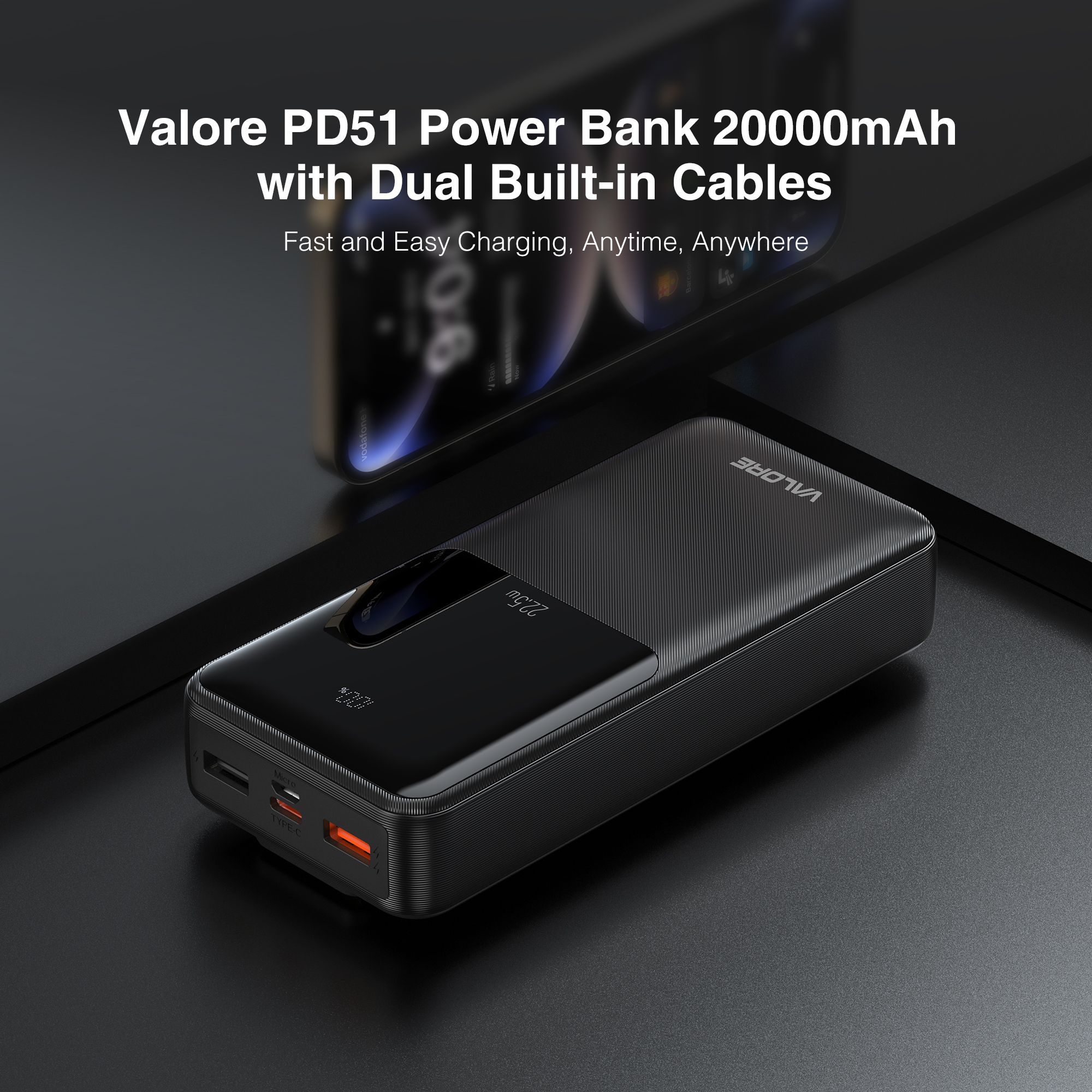 【Valore PD51】20W 20000mAh 雙內建線行動電源