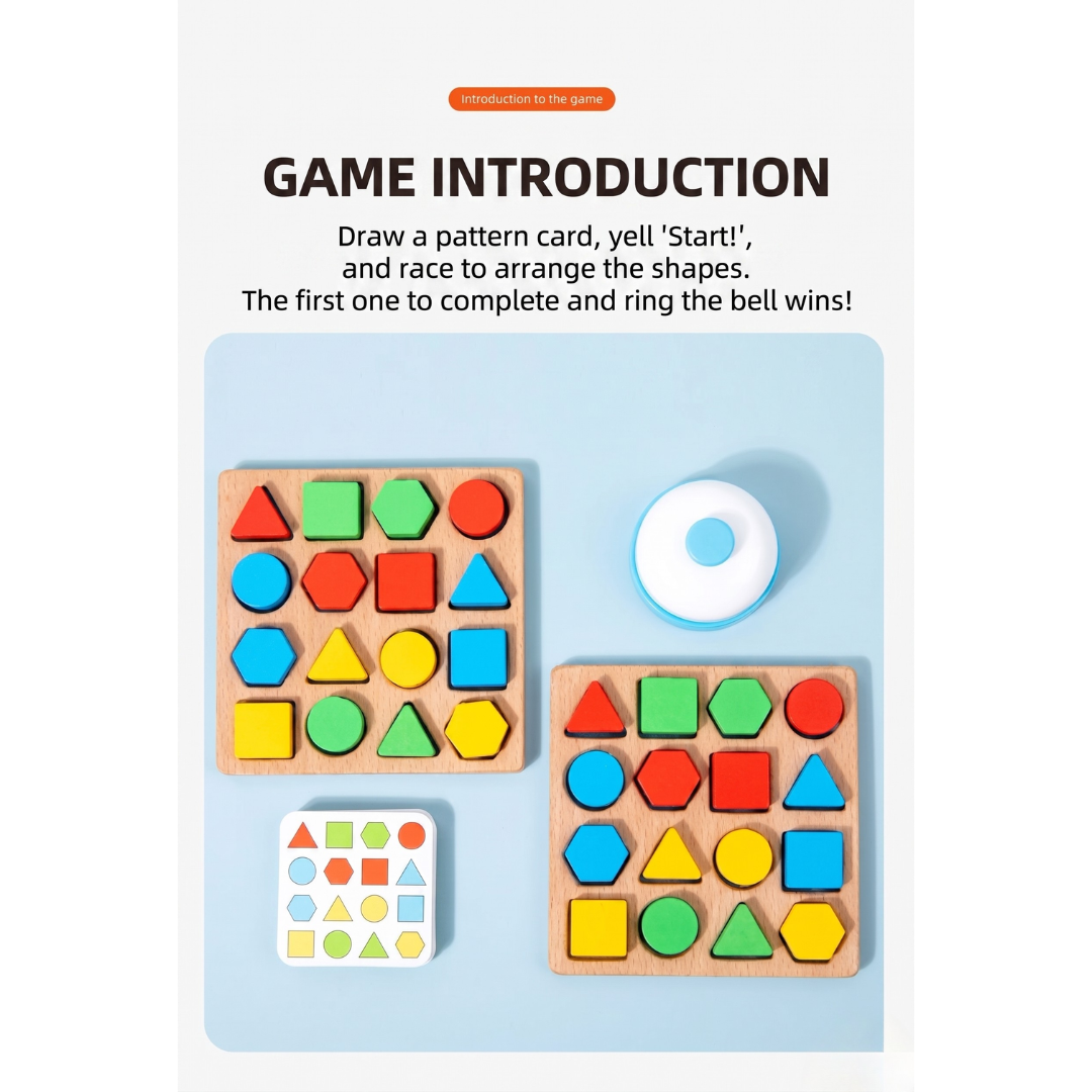 以「GAME INTRODUCTION」為主題，介紹了一款幾何配對遊戲的玩法。圖中上方印有英文遊戲規則說明，下方展示了遊戲配件，包括兩塊排列著紅、黃、藍、綠四色幾何形狀積木的木製底板、一疊圖形卡片，以及一個白藍相間的搶答鈴，展示出適合手眼協調訓練的雙人對戰遊戲場景。