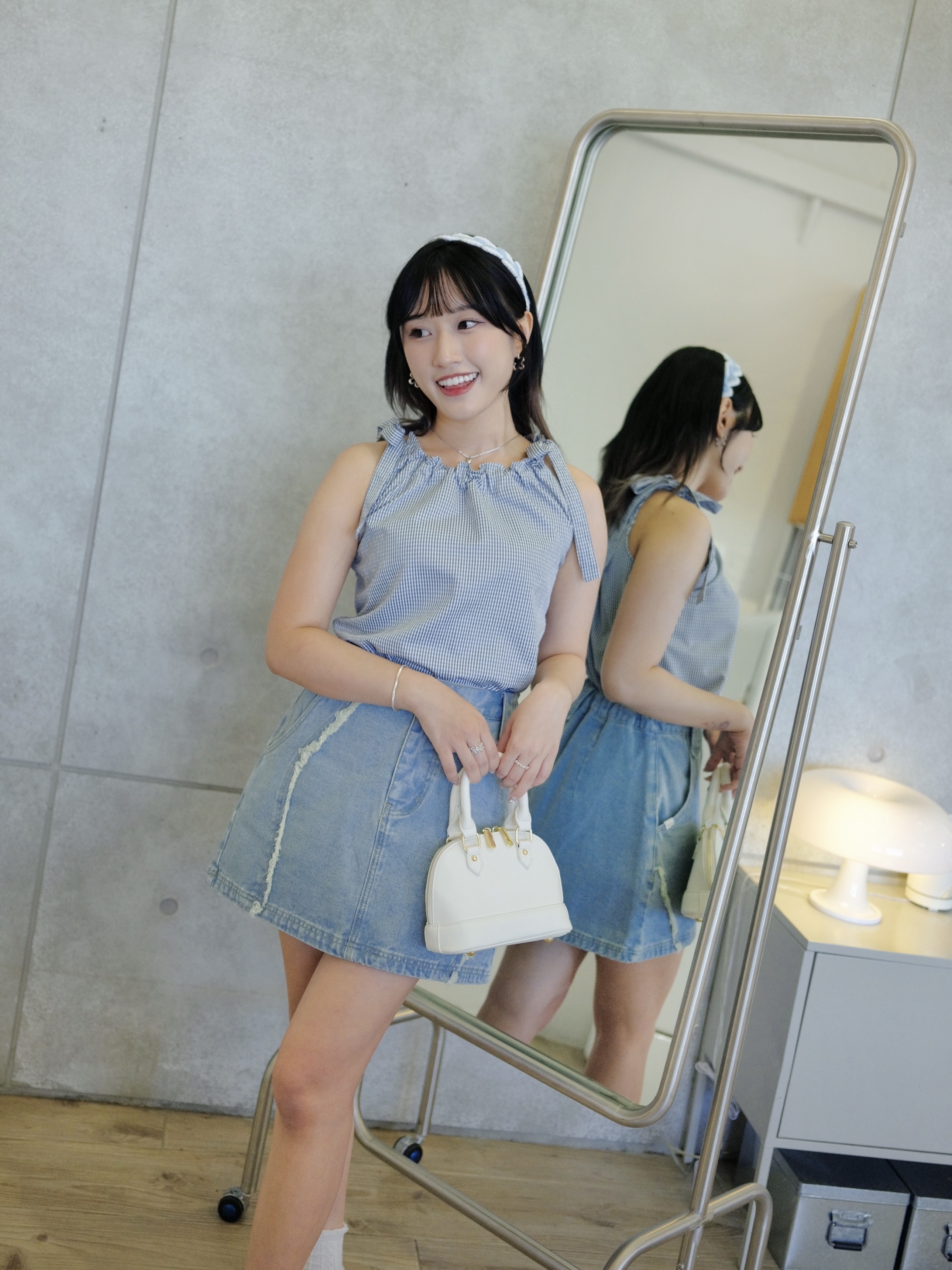 兩色 / 細格紋束領蝴蝶結背心 / Gingham Ruffled Halter Tie-Neck Top
