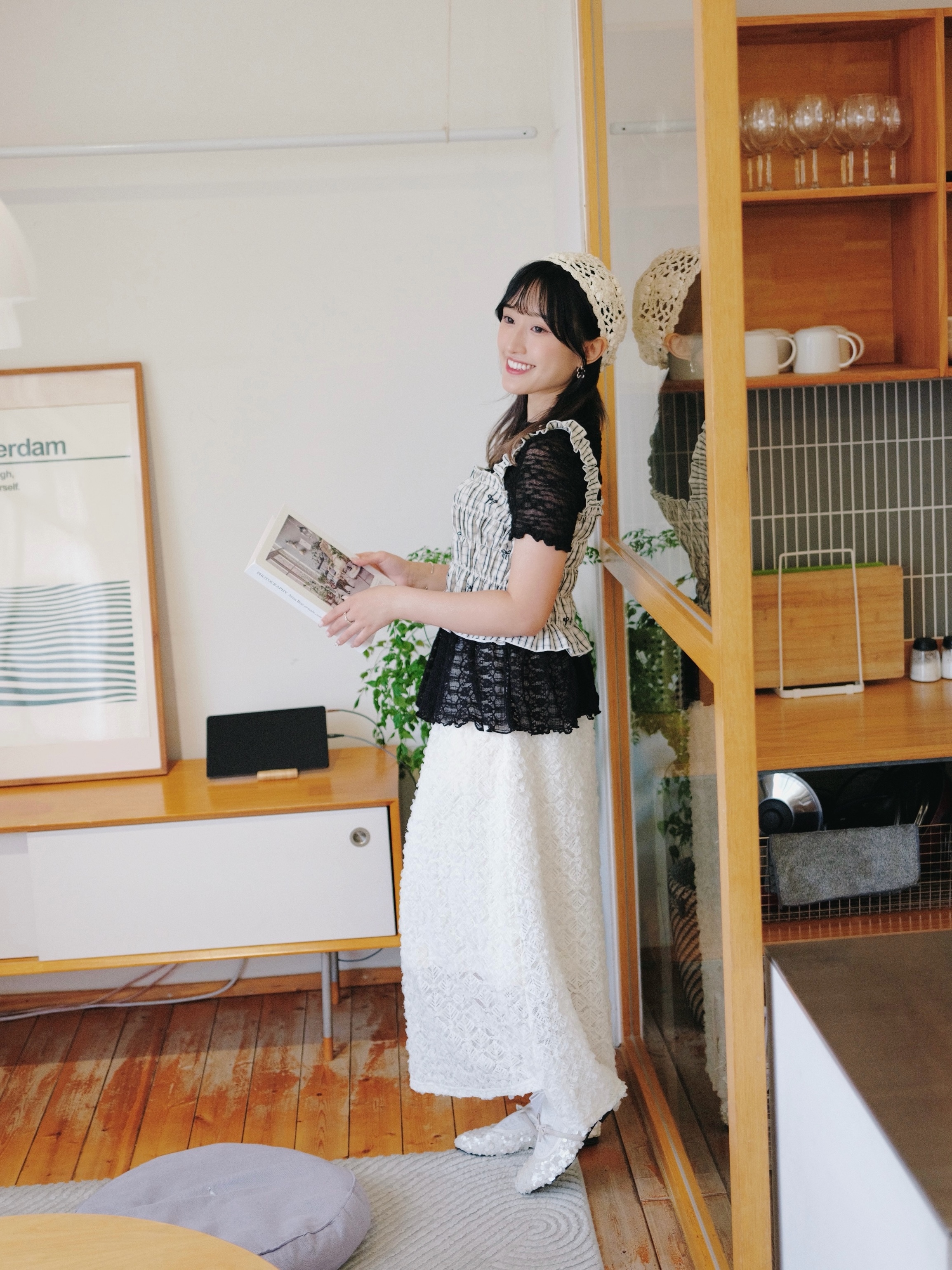 兩色 / 樹葉網紗後開叉長裙 / Leaf Lace Tulle Back Vent Midi Skirt