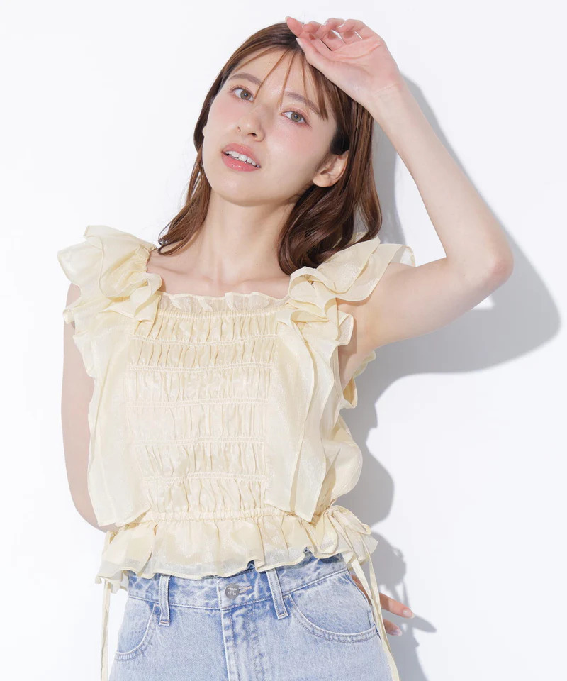 [預購] JILL by JILL STUART 抽皺設計透膚格紋襯衫<預約6月下旬～7月上旬>