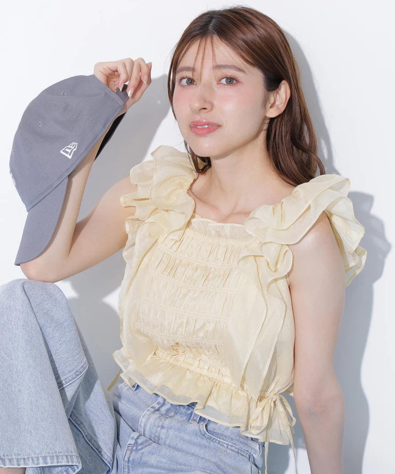 [預購] JILL by JILL STUART 抽皺設計透膚格紋襯衫<預約6月下旬～7月上旬>