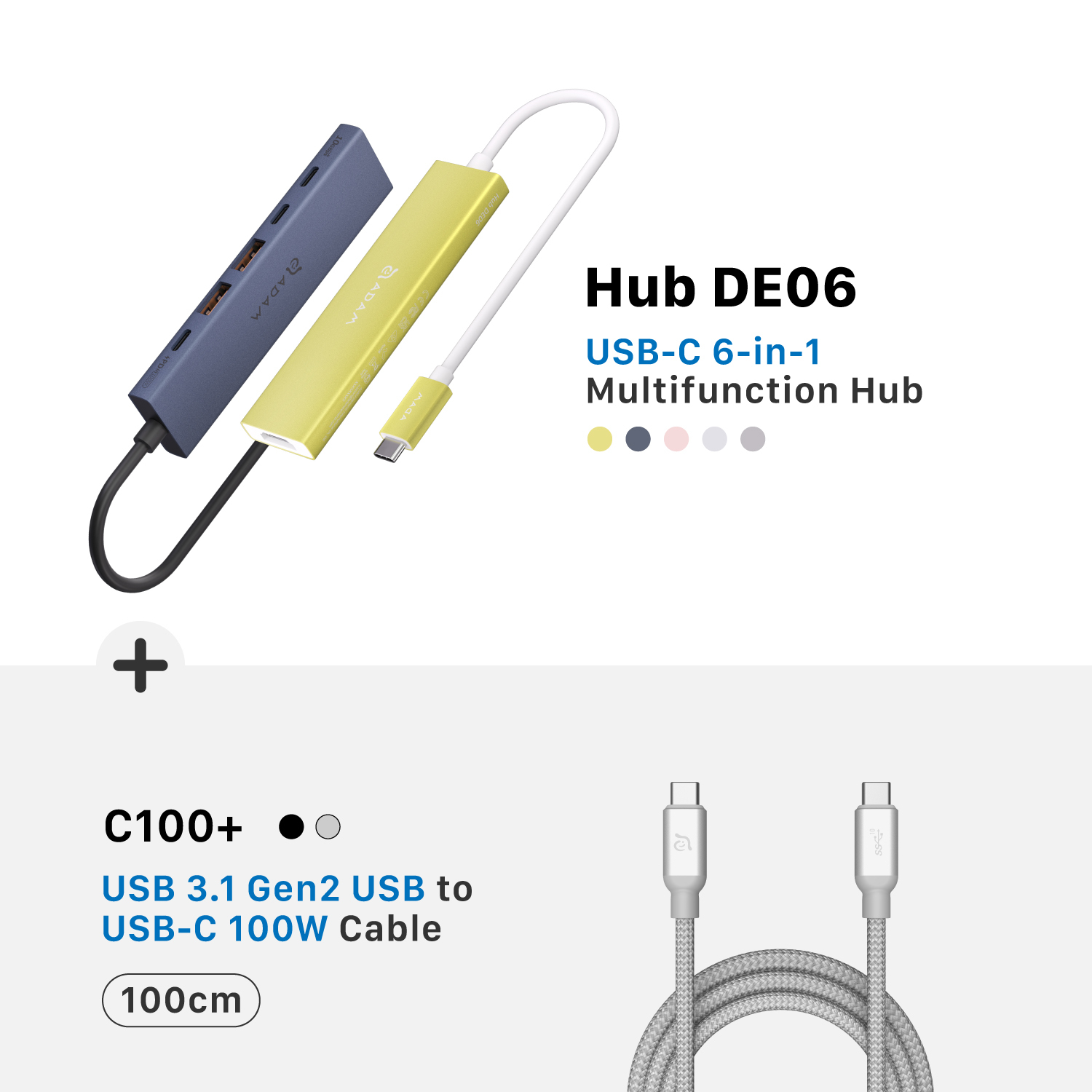 Hub DE06 USB-C 6-in-1 Multifunction Hub +  C100+ USB 3.1 Gen 2 USB-C to USB-C 100W Cable