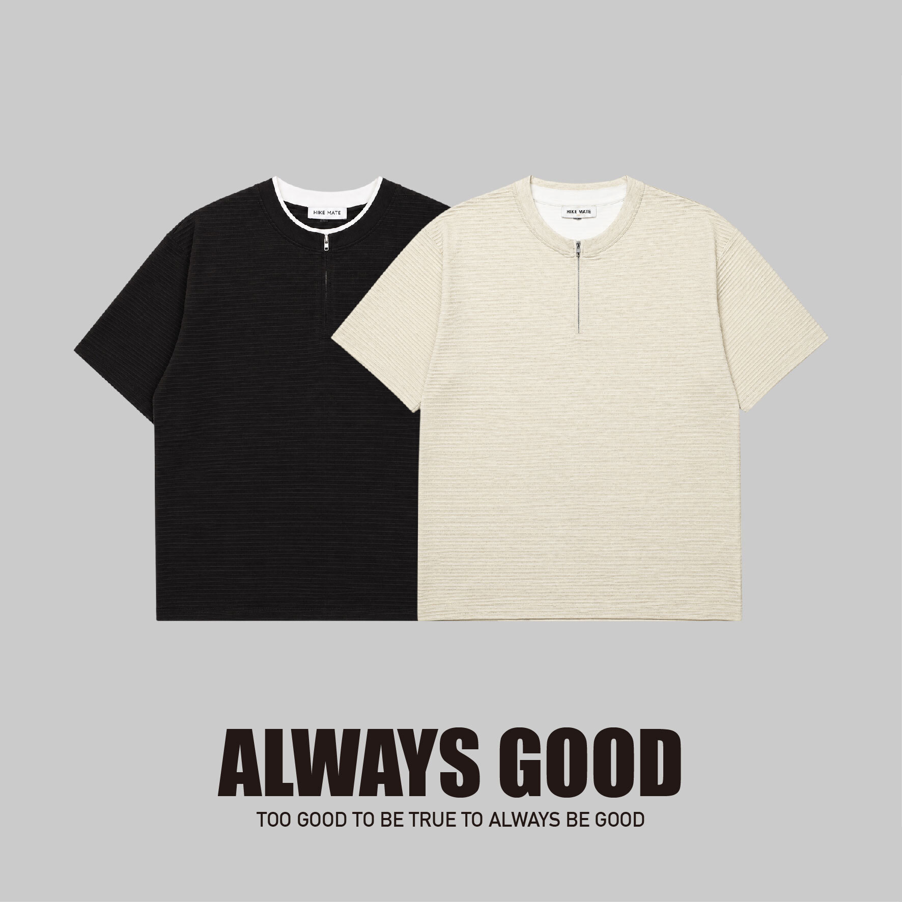 『Always_Good』橫條紋 半拉鍊 假兩件 短TEE