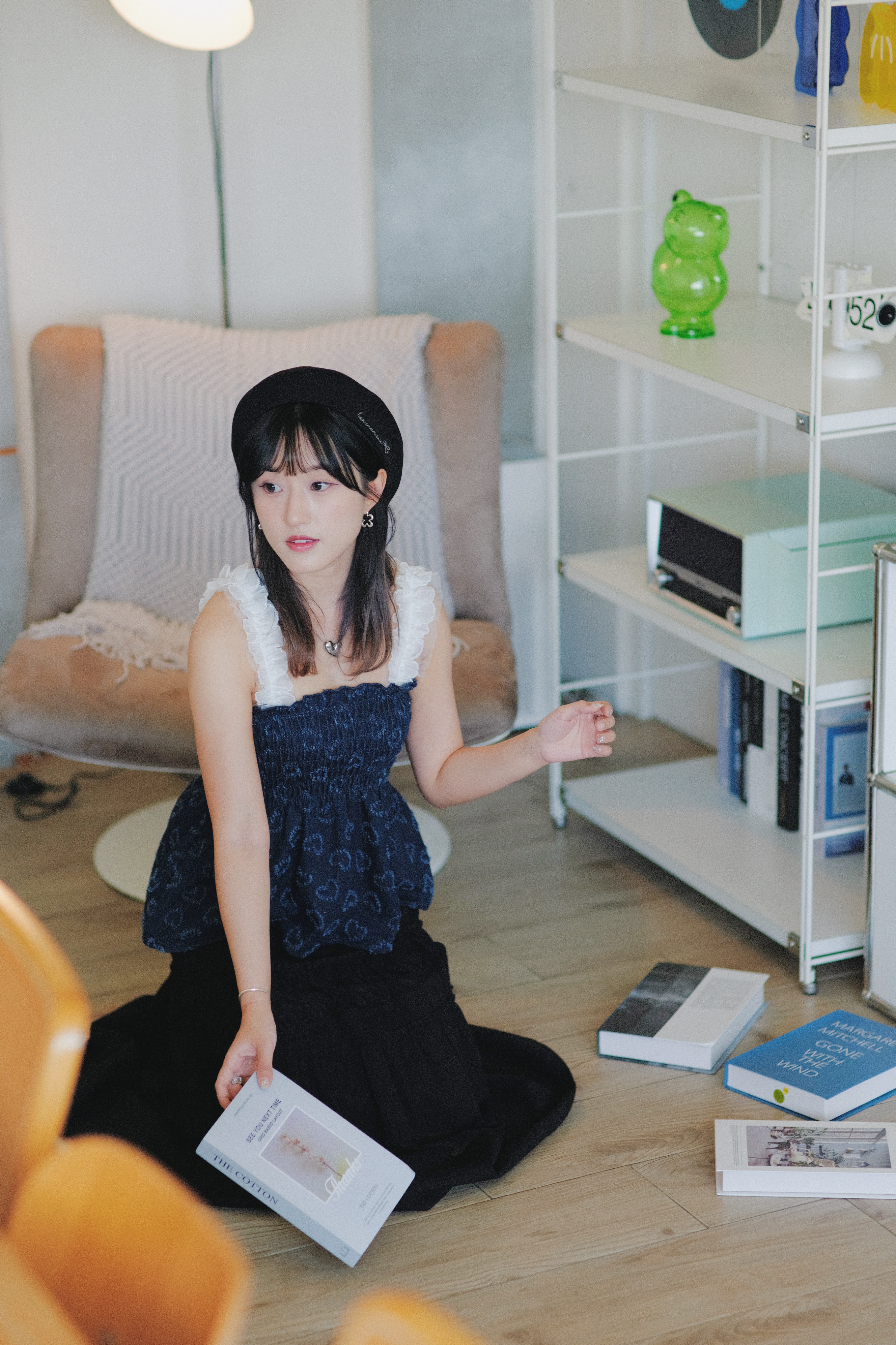 兩色 / 心形牛仔束褶荷葉肩帶馬甲 / Heart Jacquard Ruffled Straps Denim Cami Top