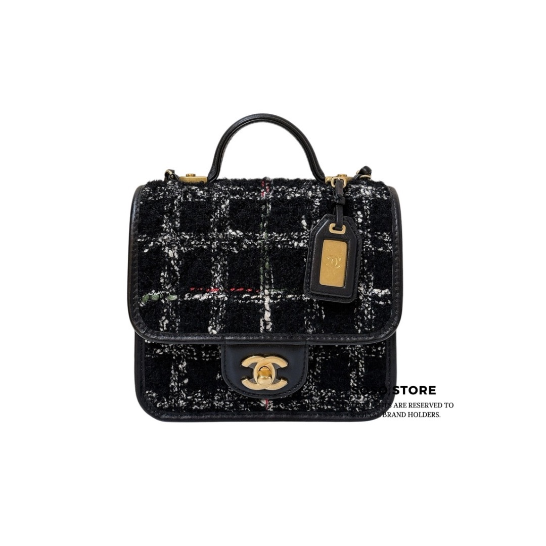 Chanel Tweed School Memory Mini Top Handle Flap - Black / GHW