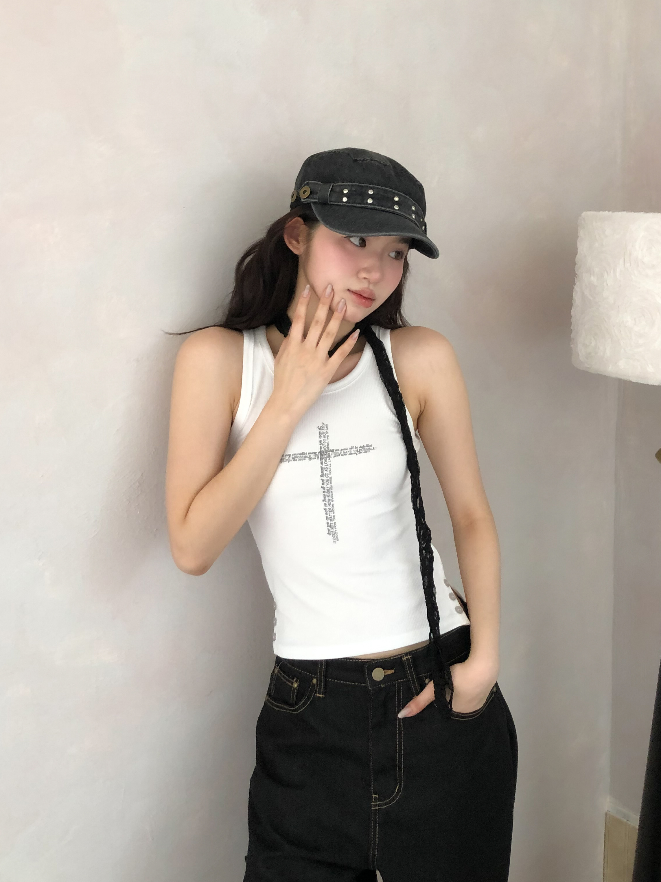 【discount】button slit sleeveless top #背心