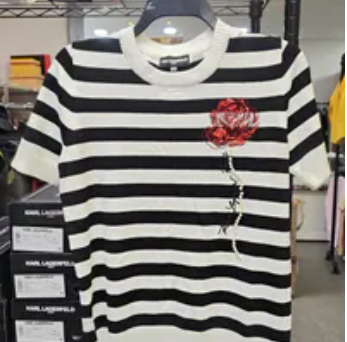 [S] KARL LAGERFELD SOFT WHITE/BLACK KNIT STRIPED FLOWER SWEATER, L6DSZ177-S8W (SKL1716)