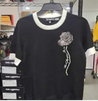 [S] KARL LAGERFELD BLK SFT/WT WOMEN'S ROSE DETAIL CREW NECK SWEATER, L6DSSI77-XSF (SKL1717)