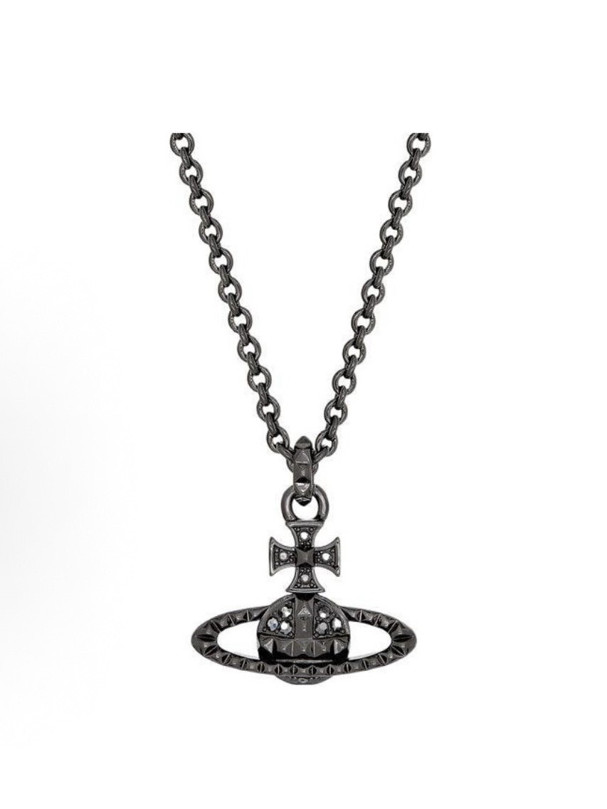 Vivienne Westwood 黑色鉚釘 浮雕土星Logo項鍊 西太后