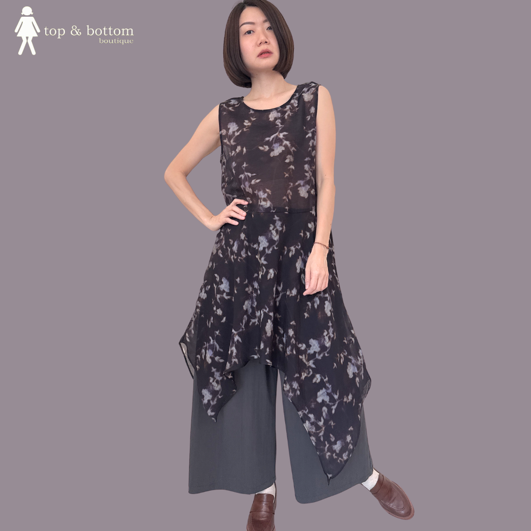 SLEEVELESS SHEER FLORAL ASYMMETRIC LONG BLOUSE