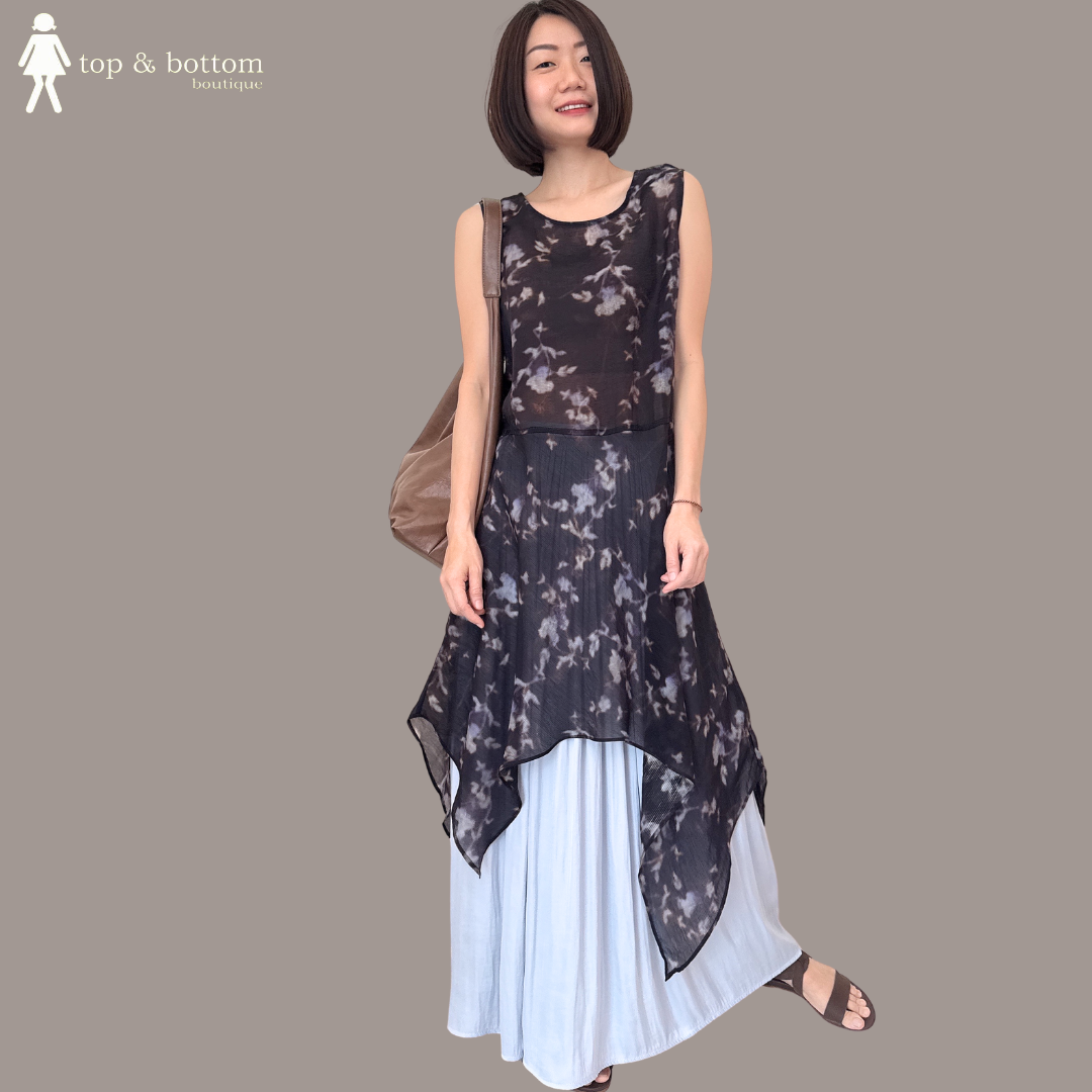 SLEEVELESS SHEER FLORAL ASYMMETRIC LONG BLOUSE