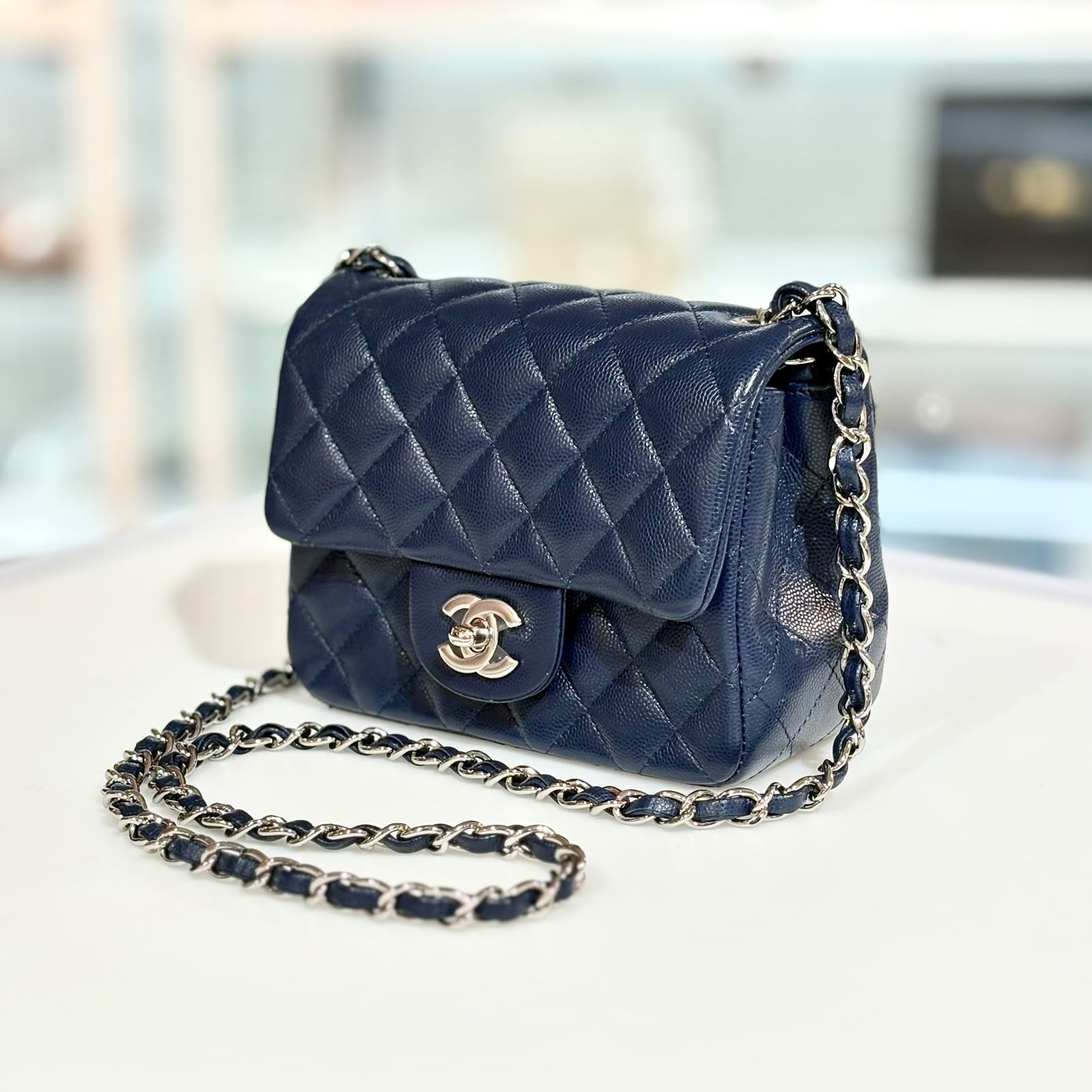 99.9%NEW二手CHANEL CF17 深藍色荔枝皮銀扣 #方胖子 #CF17 #香榭站正品