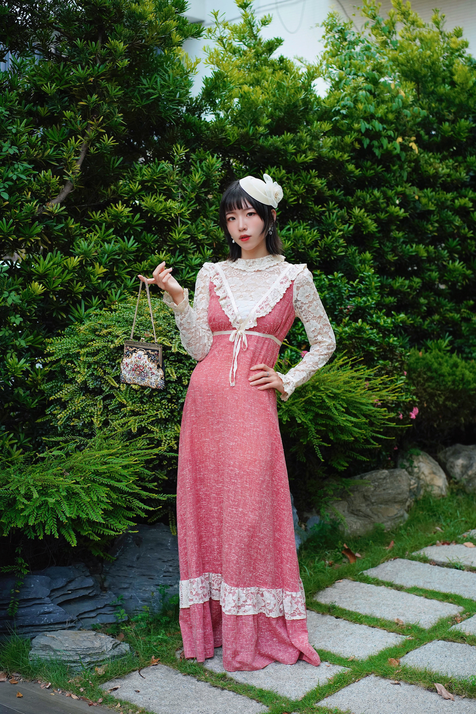 1970s Gunne Sax Black Label Praire Dress / 70 年代 黑標 Gunne Sax 莓果粉草原風高腰長洋裝