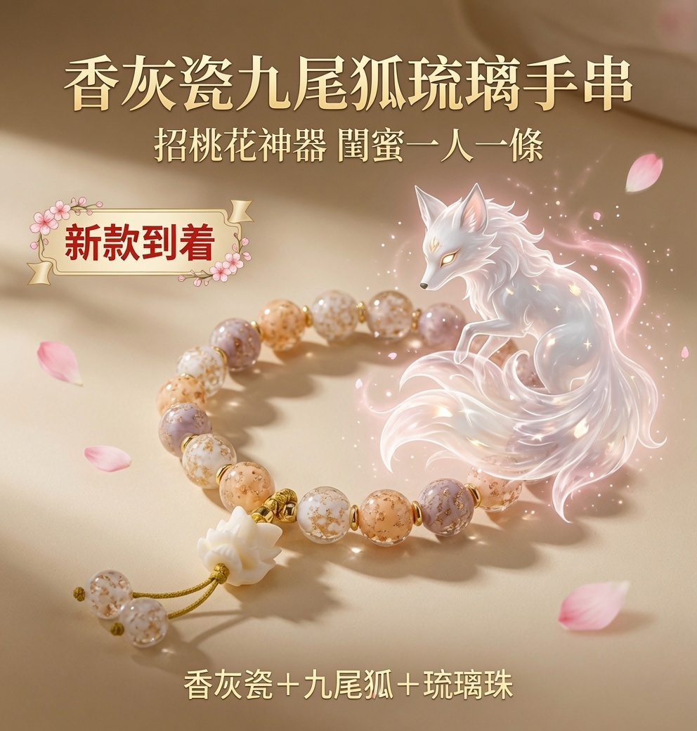 香灰瓷九尾狐琉璃手串