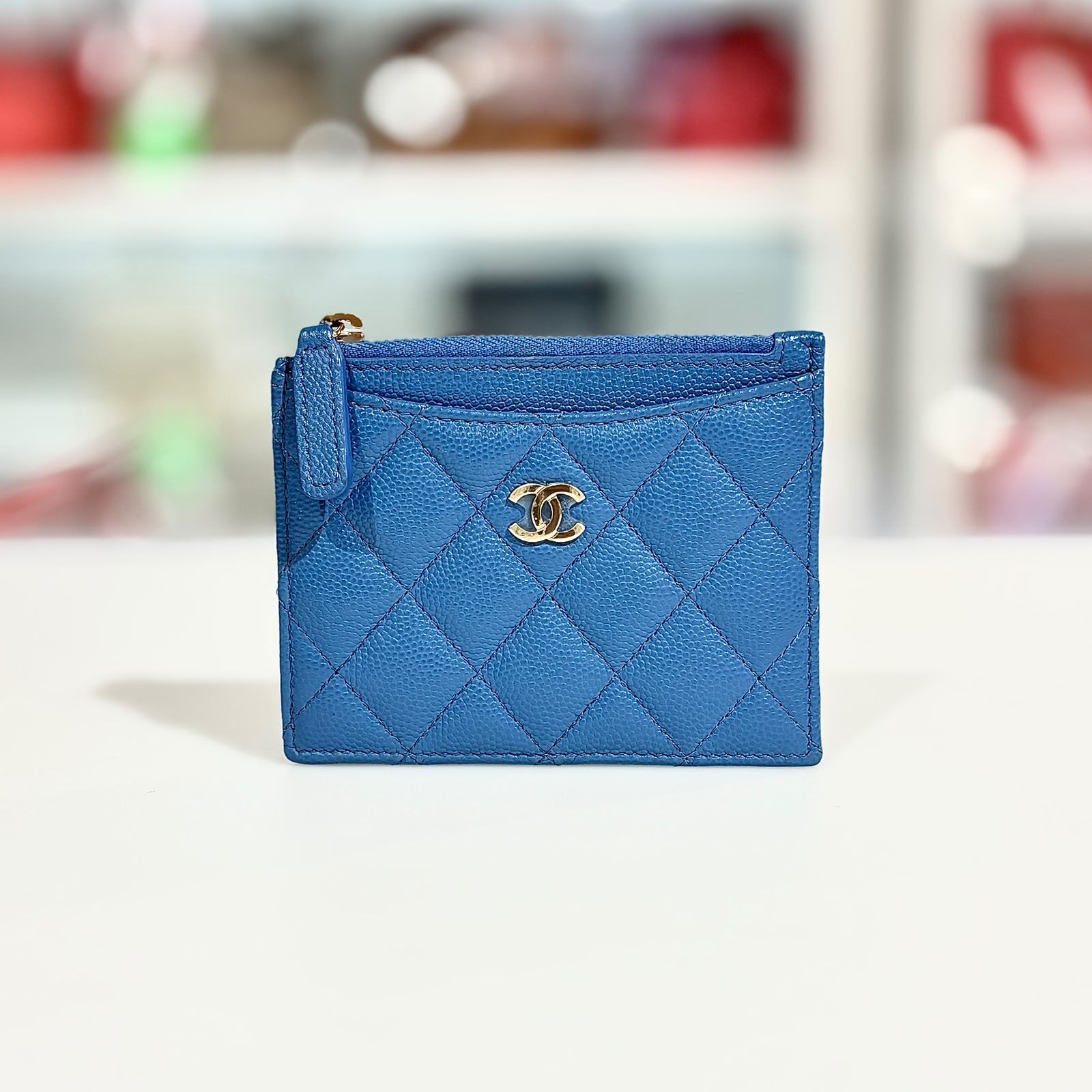 99.9%NEW二手CHANEL CARD HOLDER WALLET 藍金荔枝皮,香奈兒卡片套, #香榭站正品