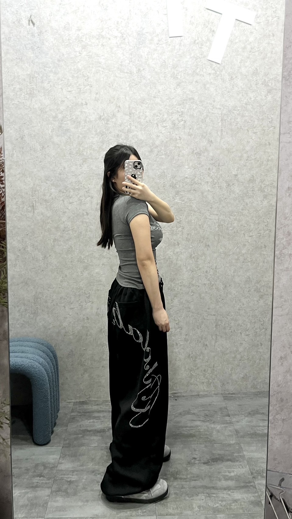 美式燙鑽彎刀棉褲