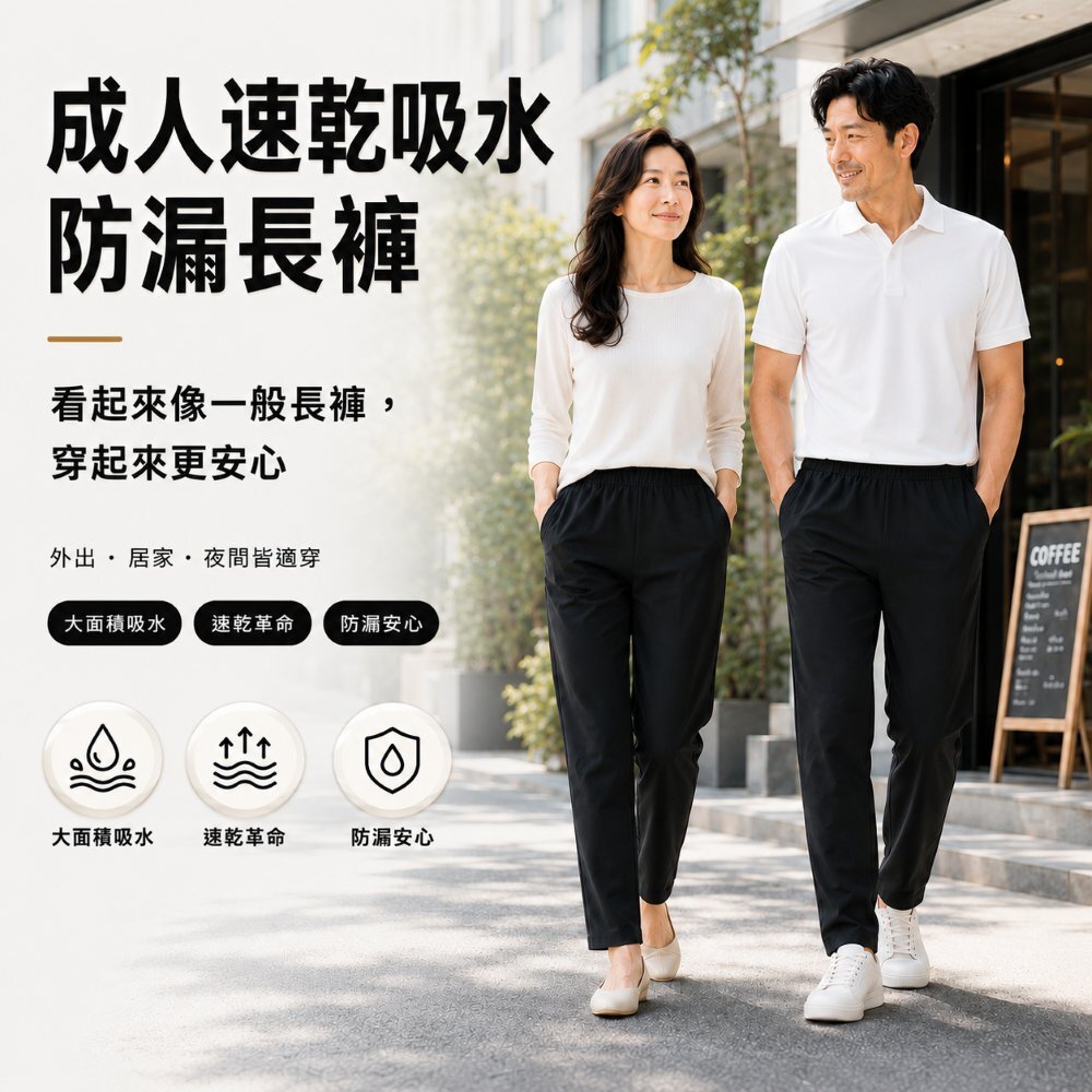 成人速乾吸水防漏長褲，外觀如一般黑色長褲，男女皆可穿，具備大面積吸水、速乾與防漏機能，外出、居家、夜間皆適穿