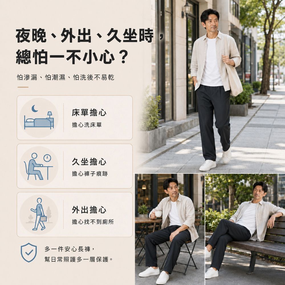 速乾材質防漏長褲清洗脫水後通風晾掛，約1天就能晾乾、隔天可穿，照護替換清洗更方便