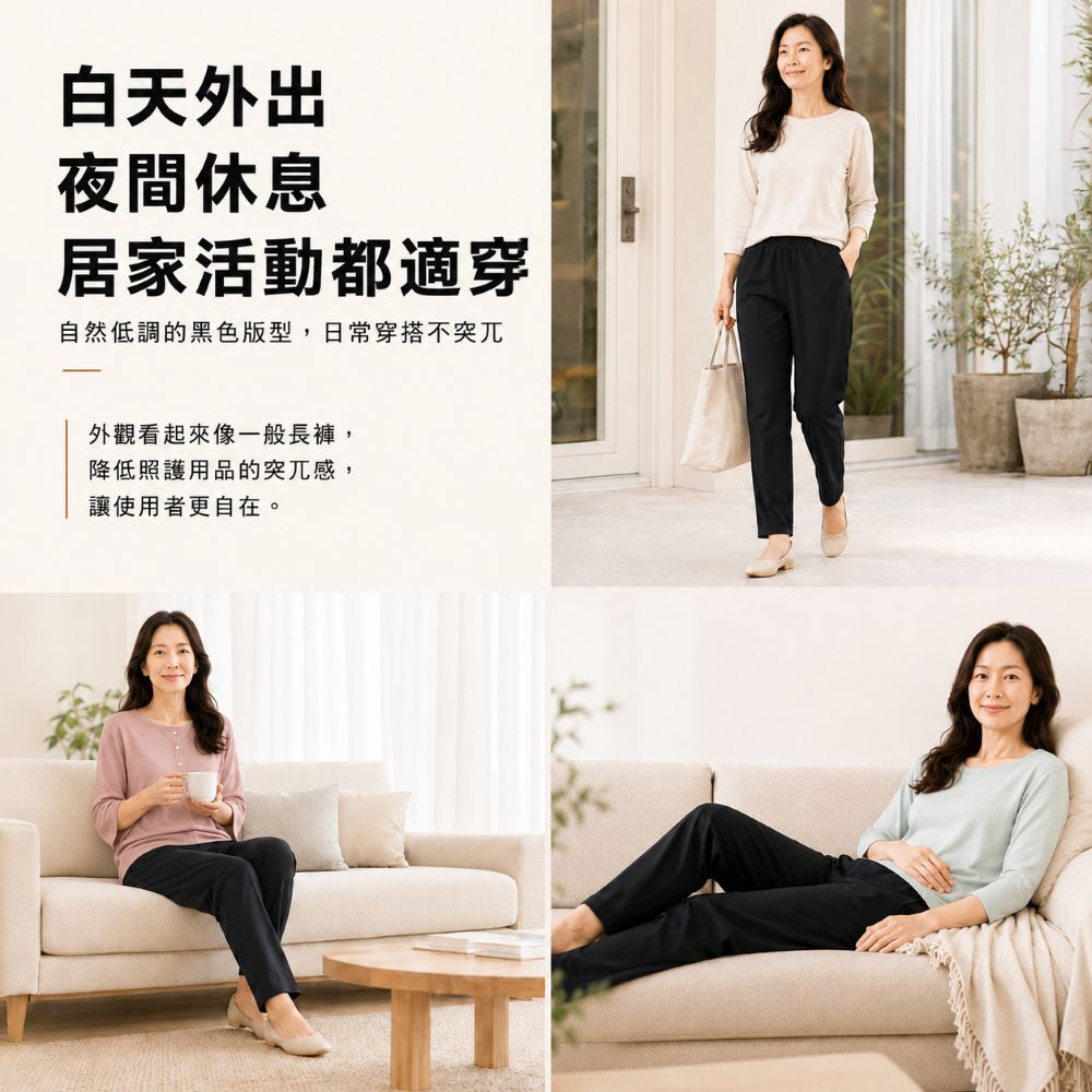 自然低調的黑色防漏尿長褲，外觀看起來像一般長褲，降低照護用品的突兀感，白天外出、夜間休息、居家活動都適穿