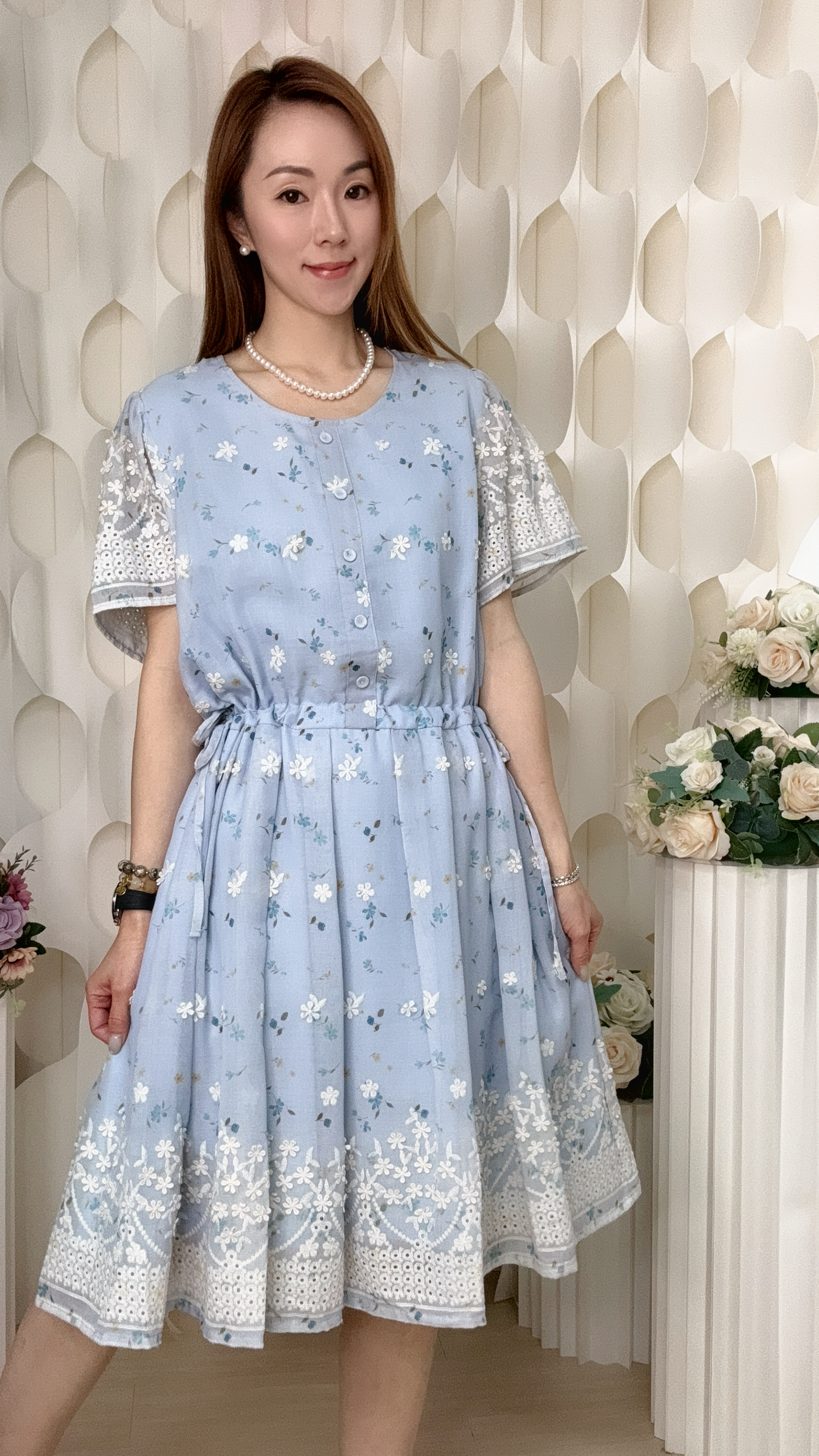 碎花拼接蕾絲袖雪紡連身裙  (胸40 腰42 臀52 長38吋) 37172 #0506clo