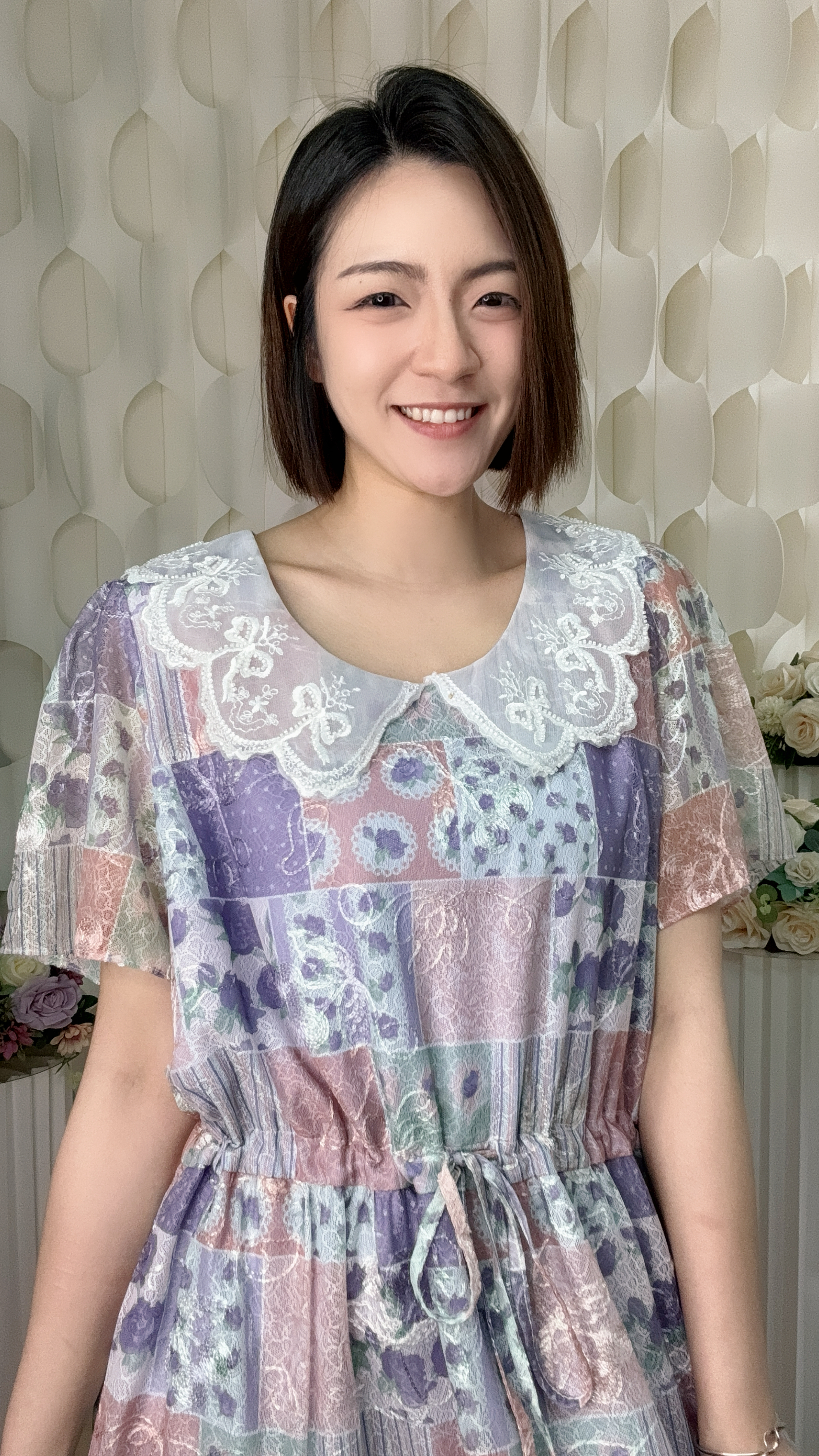 蕾絲娃娃領絲織連身裙  (胸40 腰42 臀52 長44吋) 37144 #0506clo