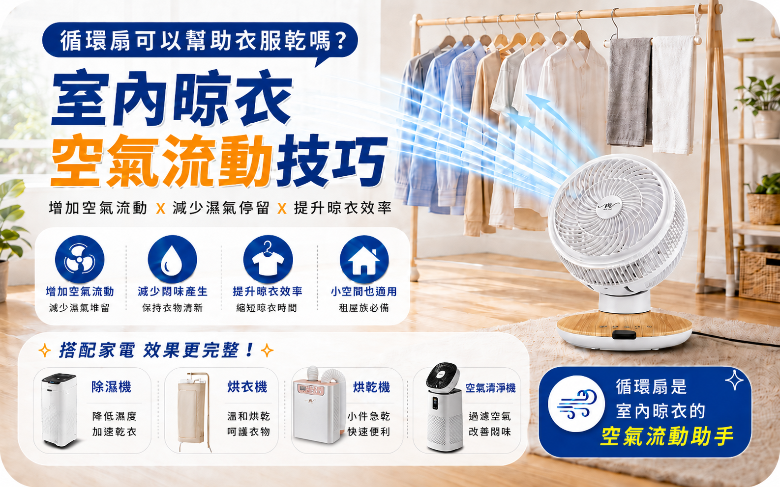 循環扇輔助室內晾衣空氣流動，適合梅雨季、租屋族與沒有陽台的小空間乾衣情境