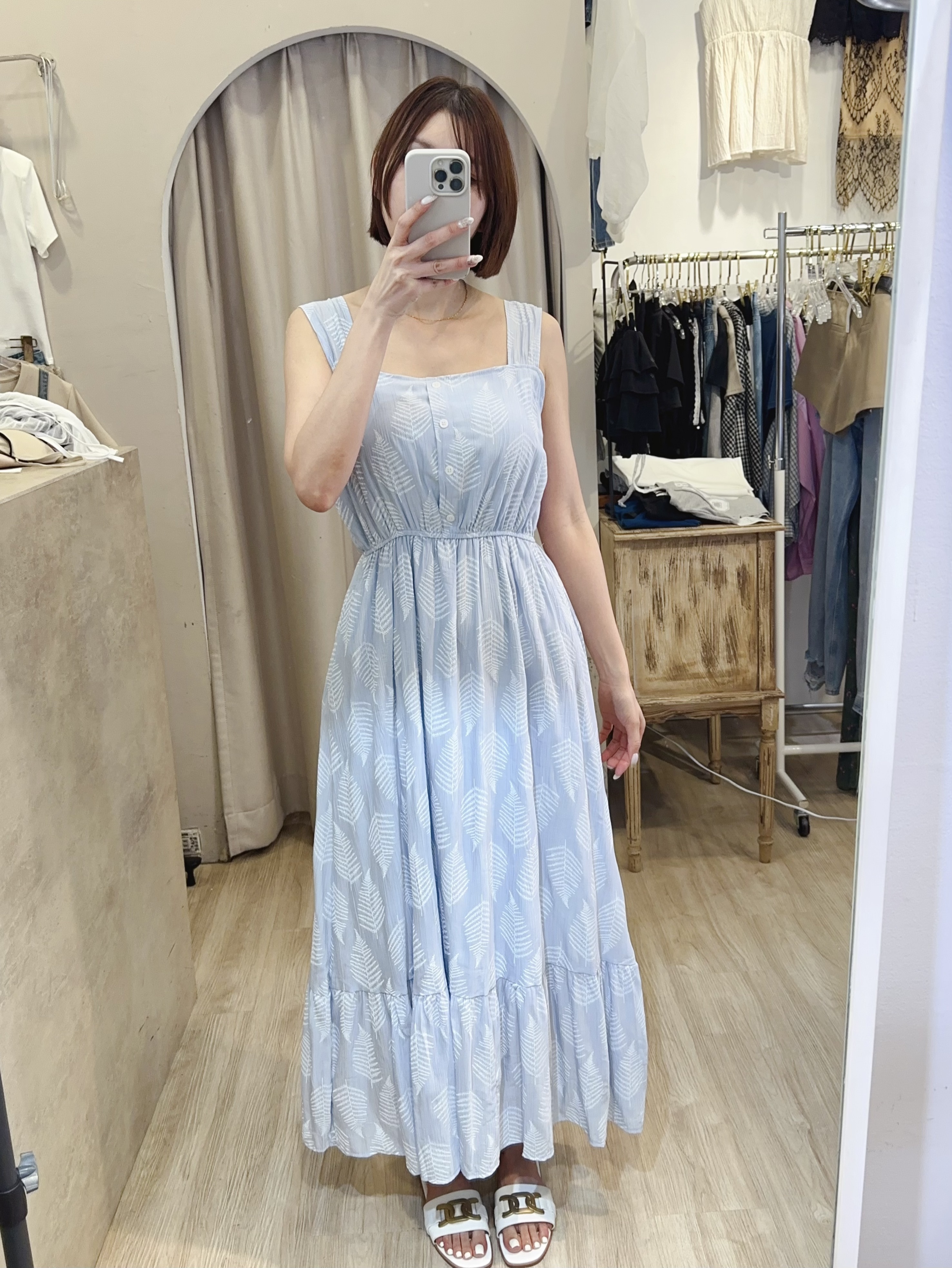 方領小葉子休閒長洋裝